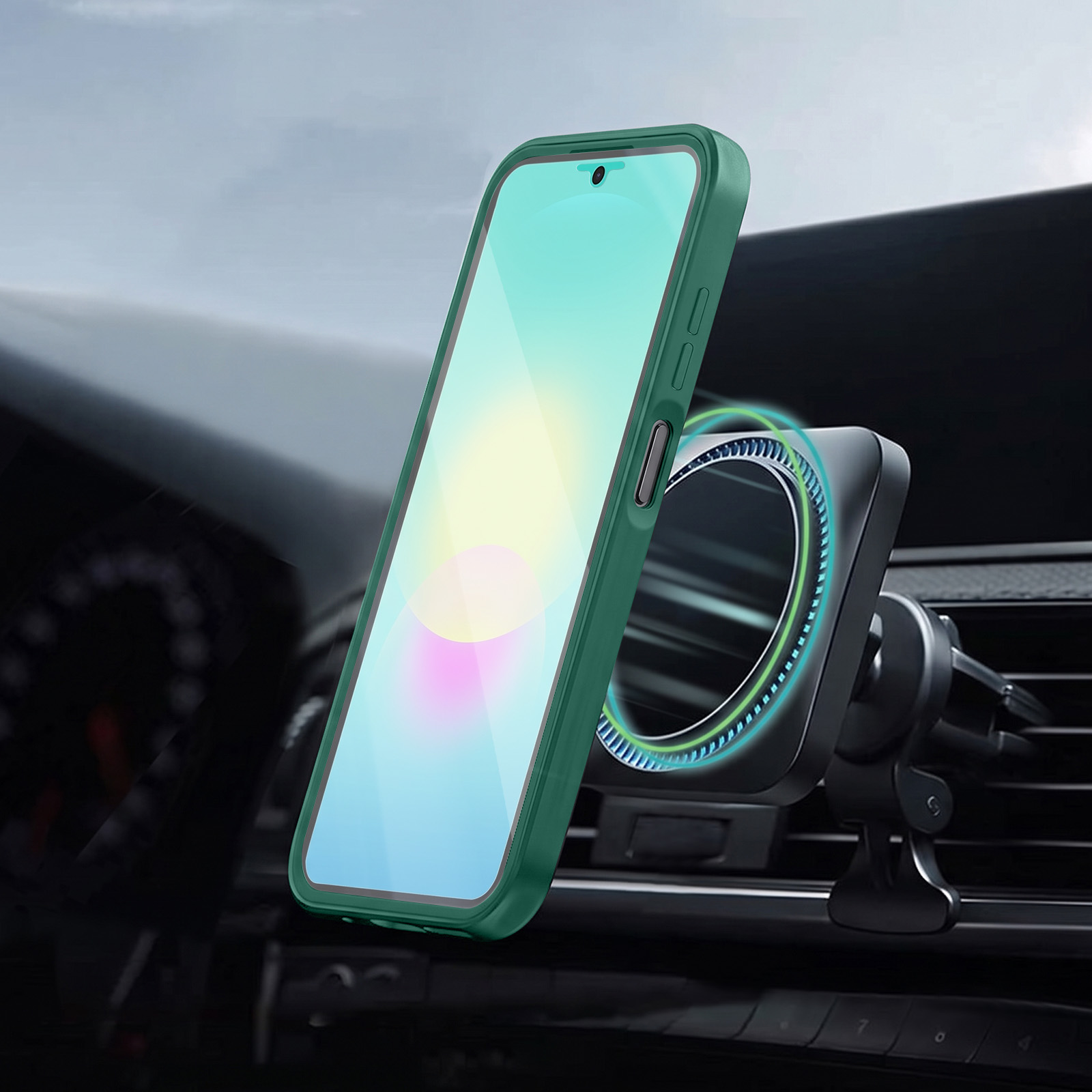 Gruenes Smartphone in einer Halterung am Lueftungsgitter eines Autos.