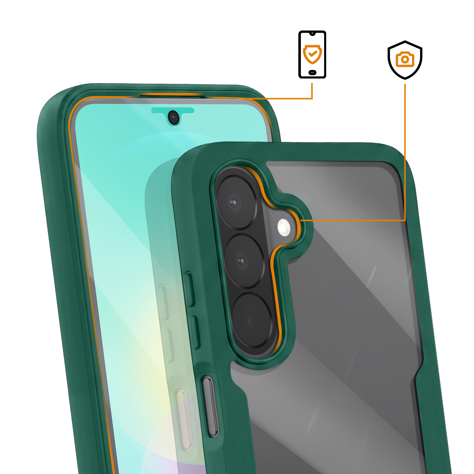 Grüne Schutzhülle für Smartphones mit Kamera- und Bildschirmschutz-Icons.
