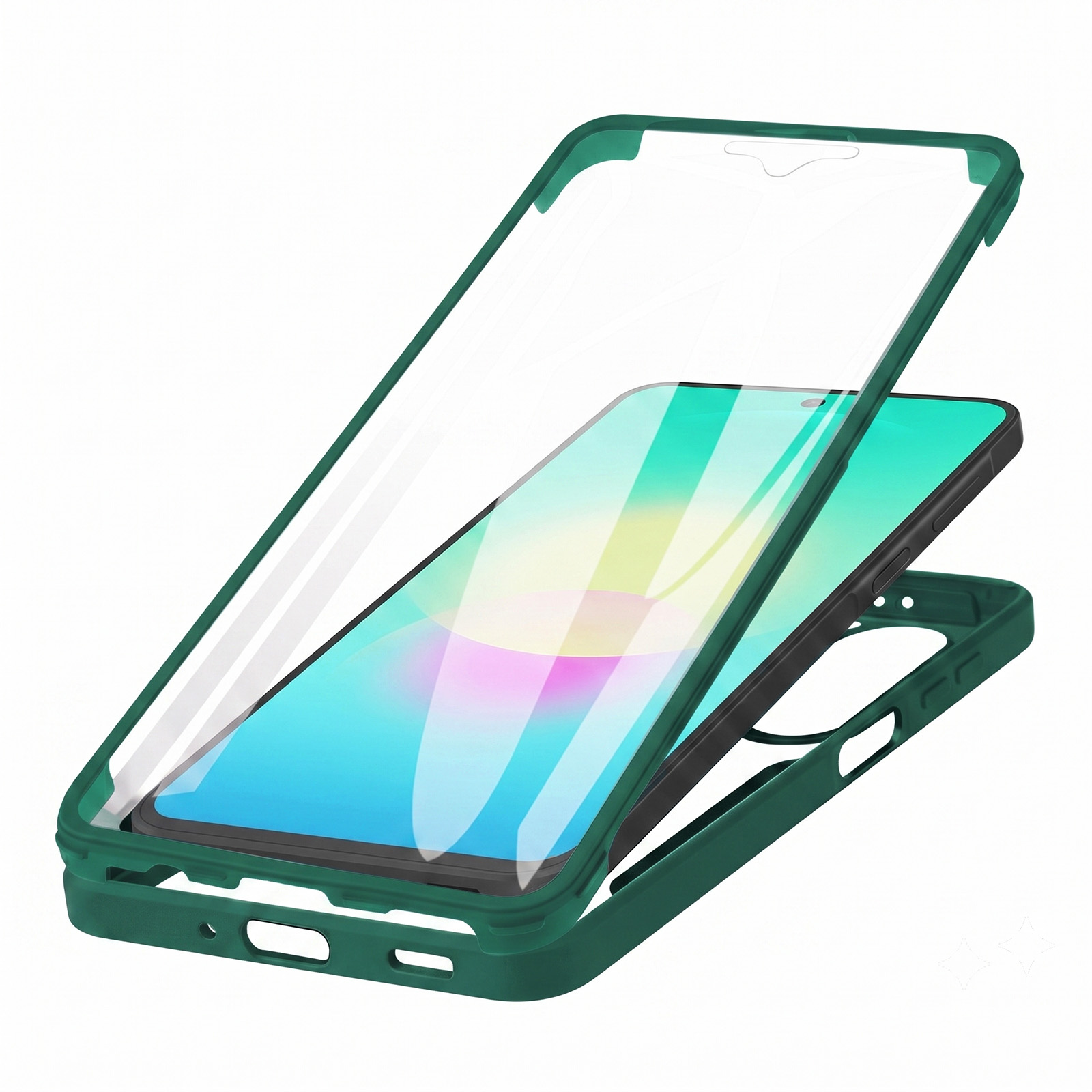 Ein Smartphone mit einer grünen Schutzhülle und einer Glasabdeckung.