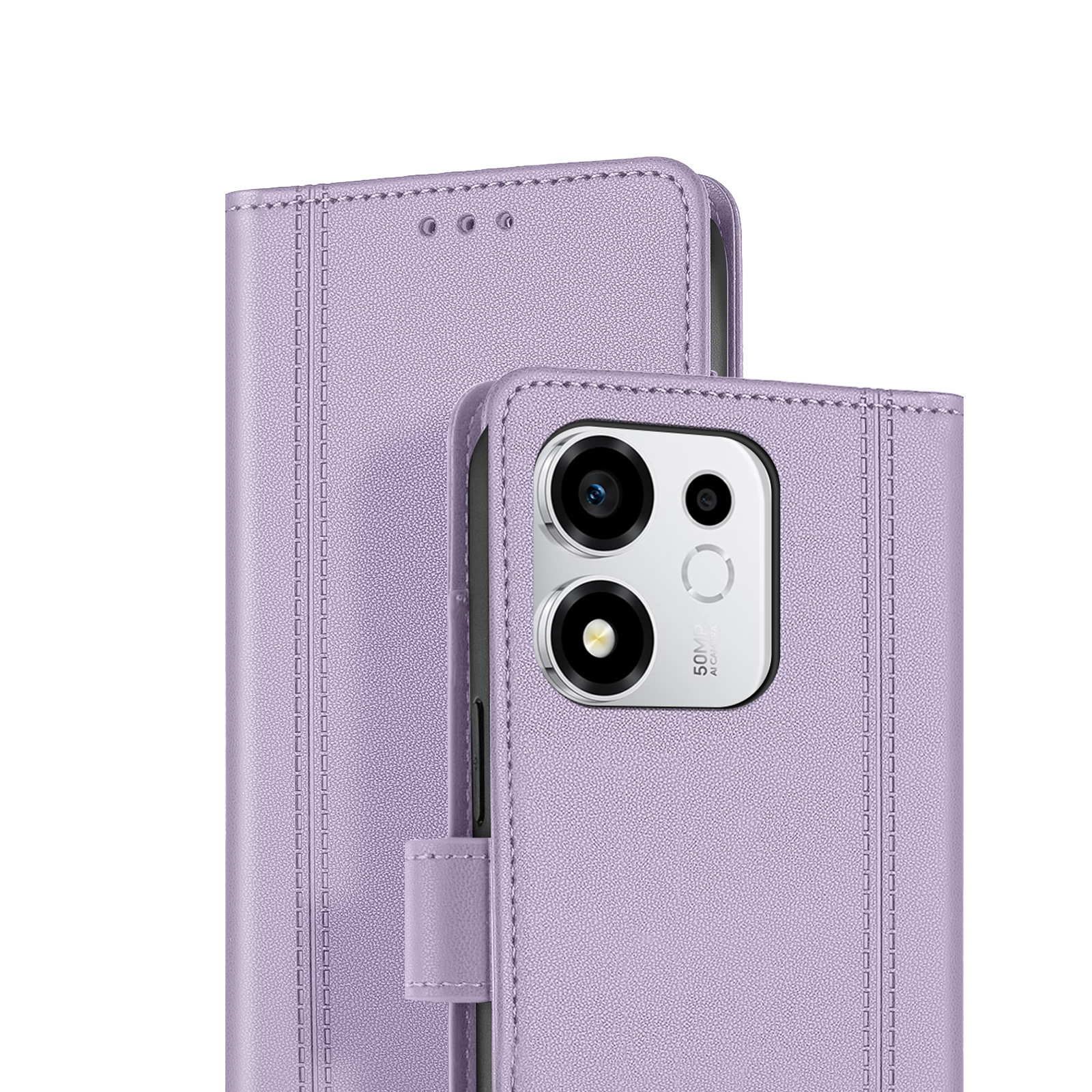 Ein helllila Leder-Handy-Wallet-Etui mit sichtbarem Dual-Kamera-Modul auf der Rückseite vor weißem Hintergrund.