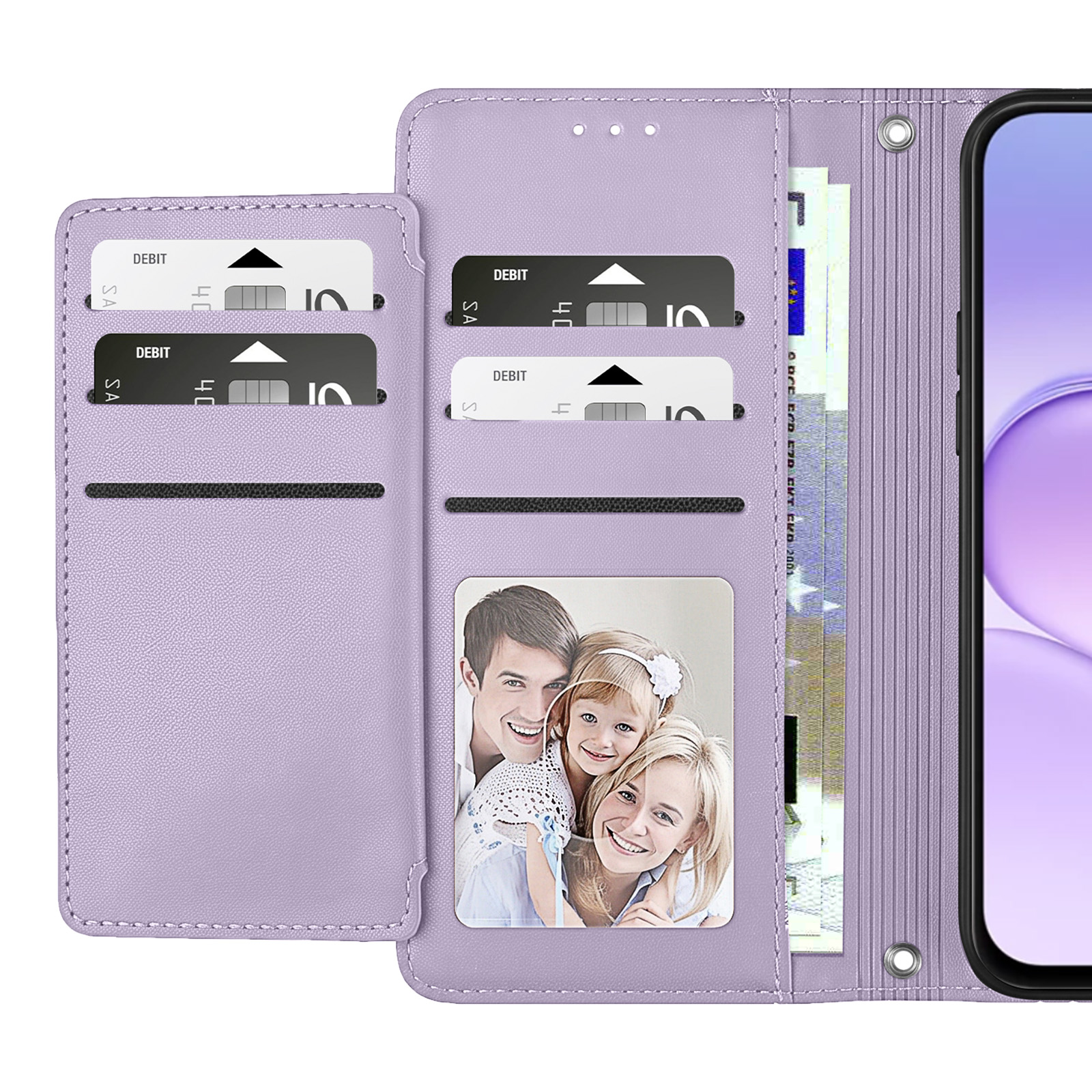 Lila Handy-Wallet-Hülle mit Kartenfächern, Geldscheinen und einem Familienfoto, der Bildschirm ist sichtbar.