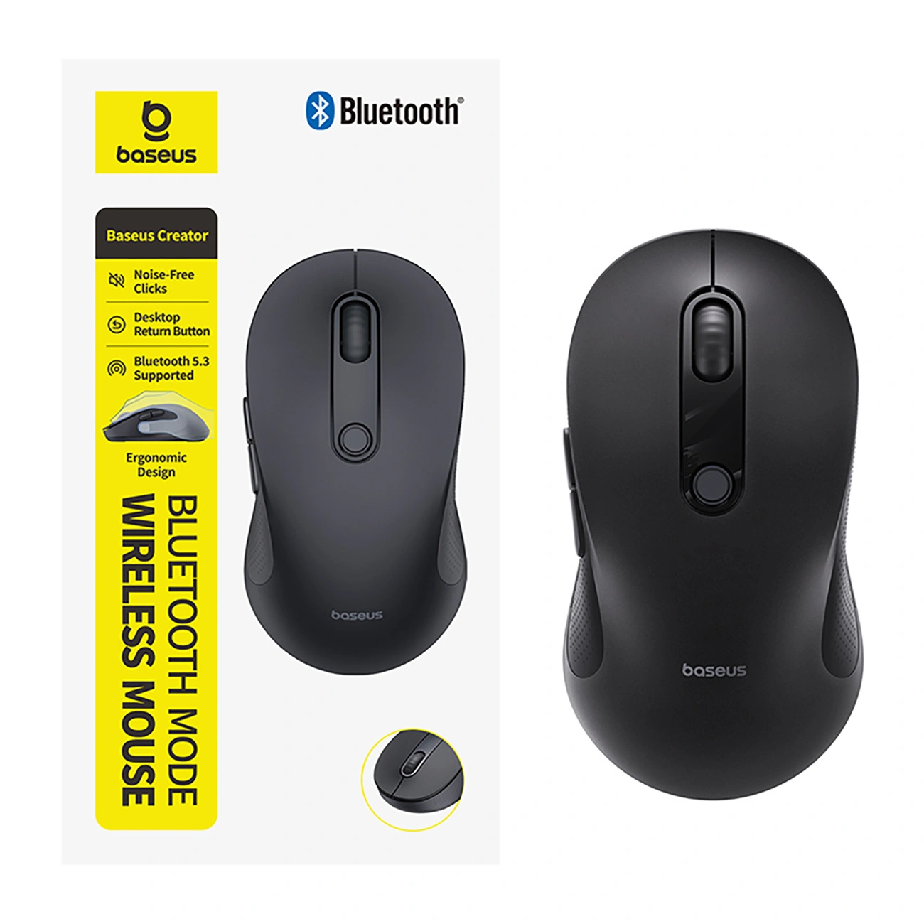 Un mouse wireless Bluetooth Baseus nero è mostrato accanto alla sua confezione di vendita con le caratteristiche del prodotto.