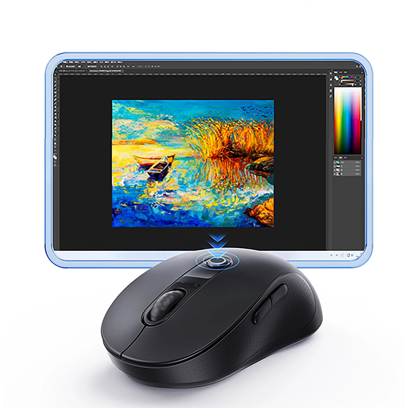 Un mouse wireless nero davanti a un tablet che mostra un'app di fotoritocco con un paesaggio colorato.