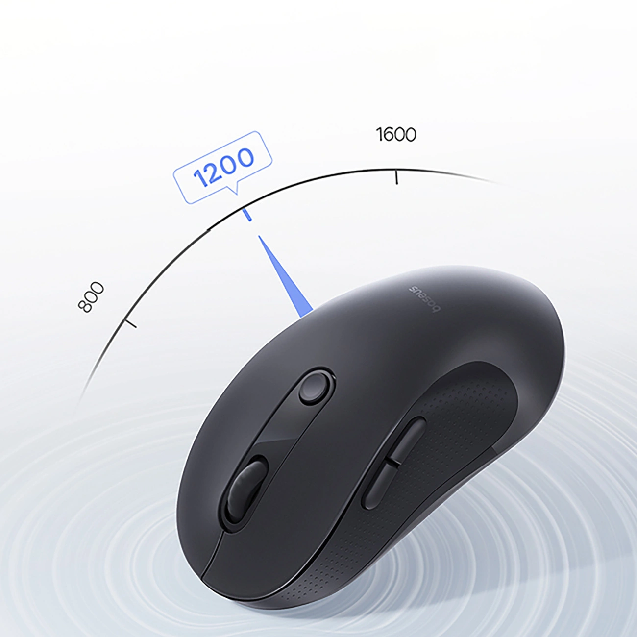 Mouse nero su sfondo chiaro con un arco e numeri che indicano le impostazioni DPI.
