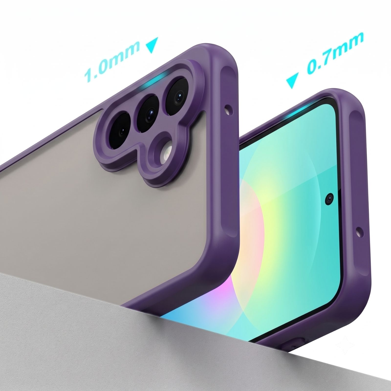 Violette Schutzhülle auf einem Smartphone mit Kamera- und Bildschirmschutzmaßen.