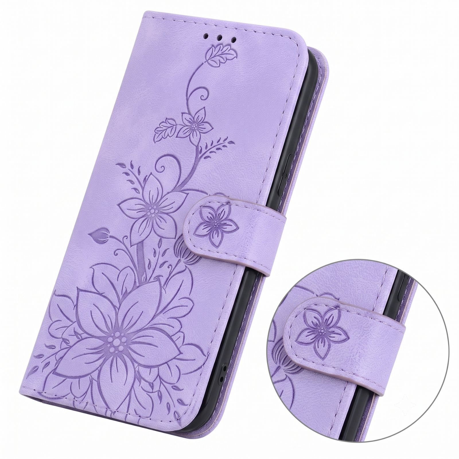 Lavendelfarbene Leder-Klapphülle für Smartphones mit einem vertieften Blumenmuster und einer kleinen Magnetschließe.