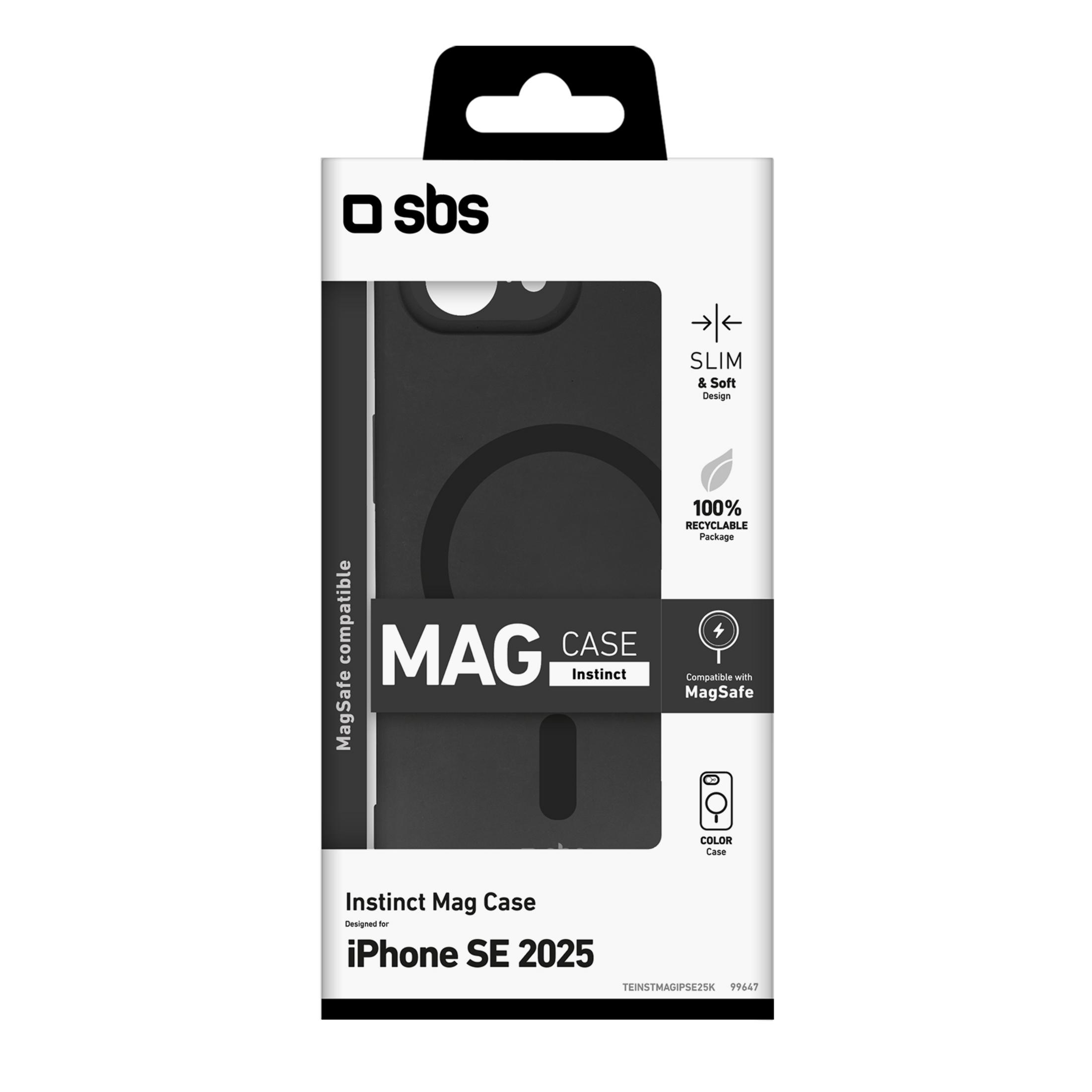Empaque de una funda negra SBS Mag Case para iPhone SE 2025, resaltando diseño delgado y compatibilidad MagSafe.