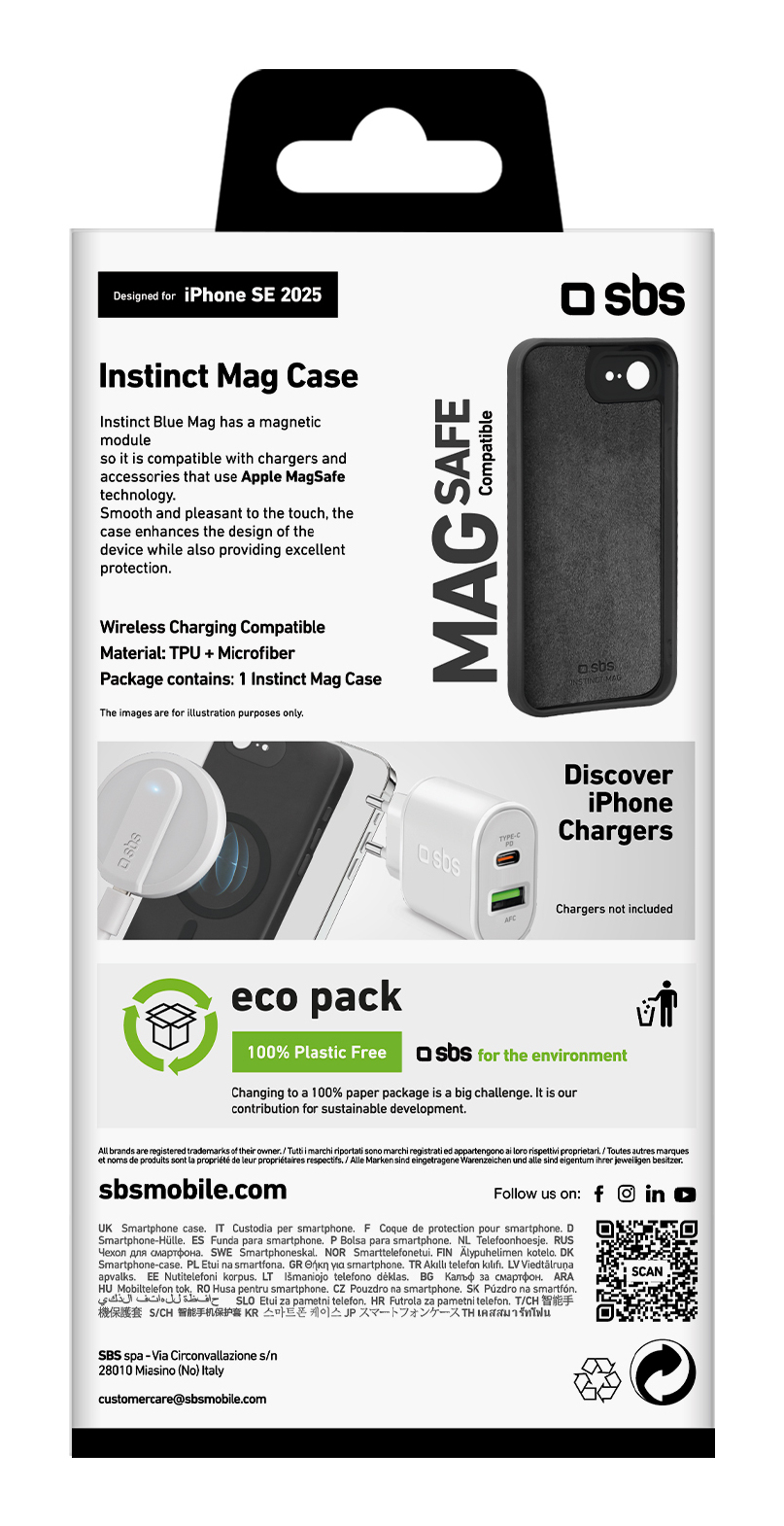 Embalaje de la funda SBS Instinct Mag para iPhone SE 2025 con detalles del producto.