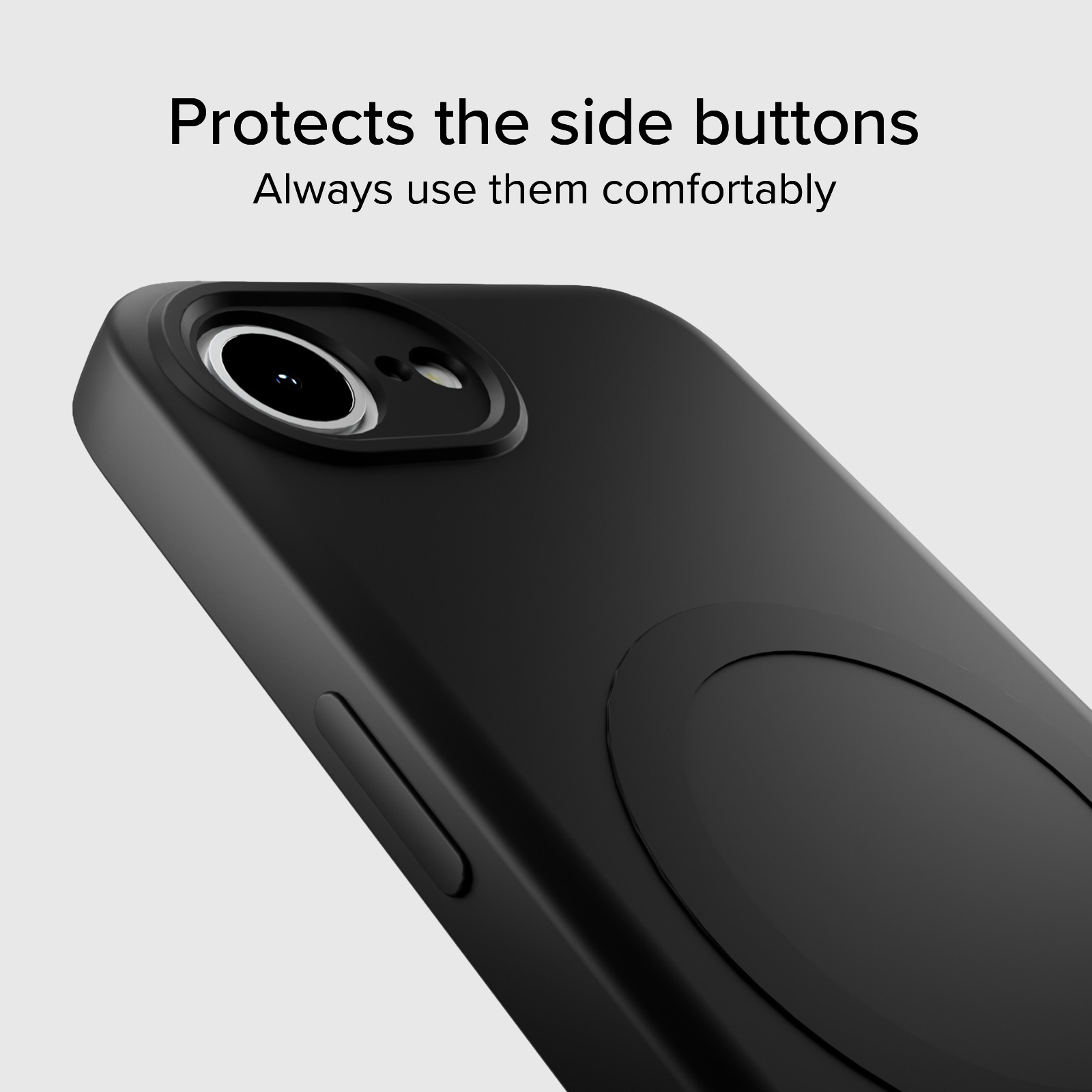 Una funda negra para smartphone con recorte para cámara y botones laterales sobre fondo gris.
