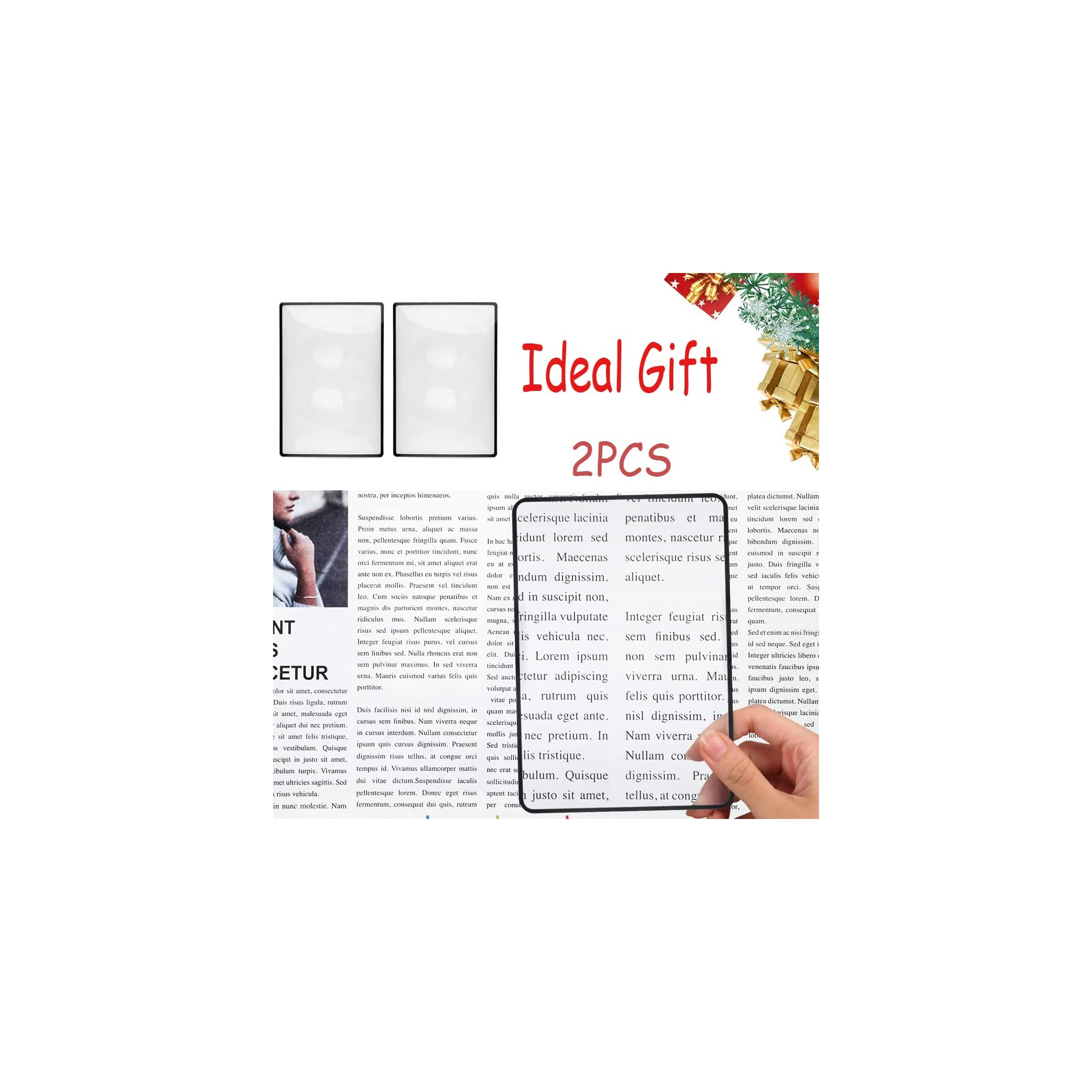 Eine Werbung mit zwei leeren Rahmen, dem Text "Ideal Gift 2PCS" und einer Hand mit Lupe.