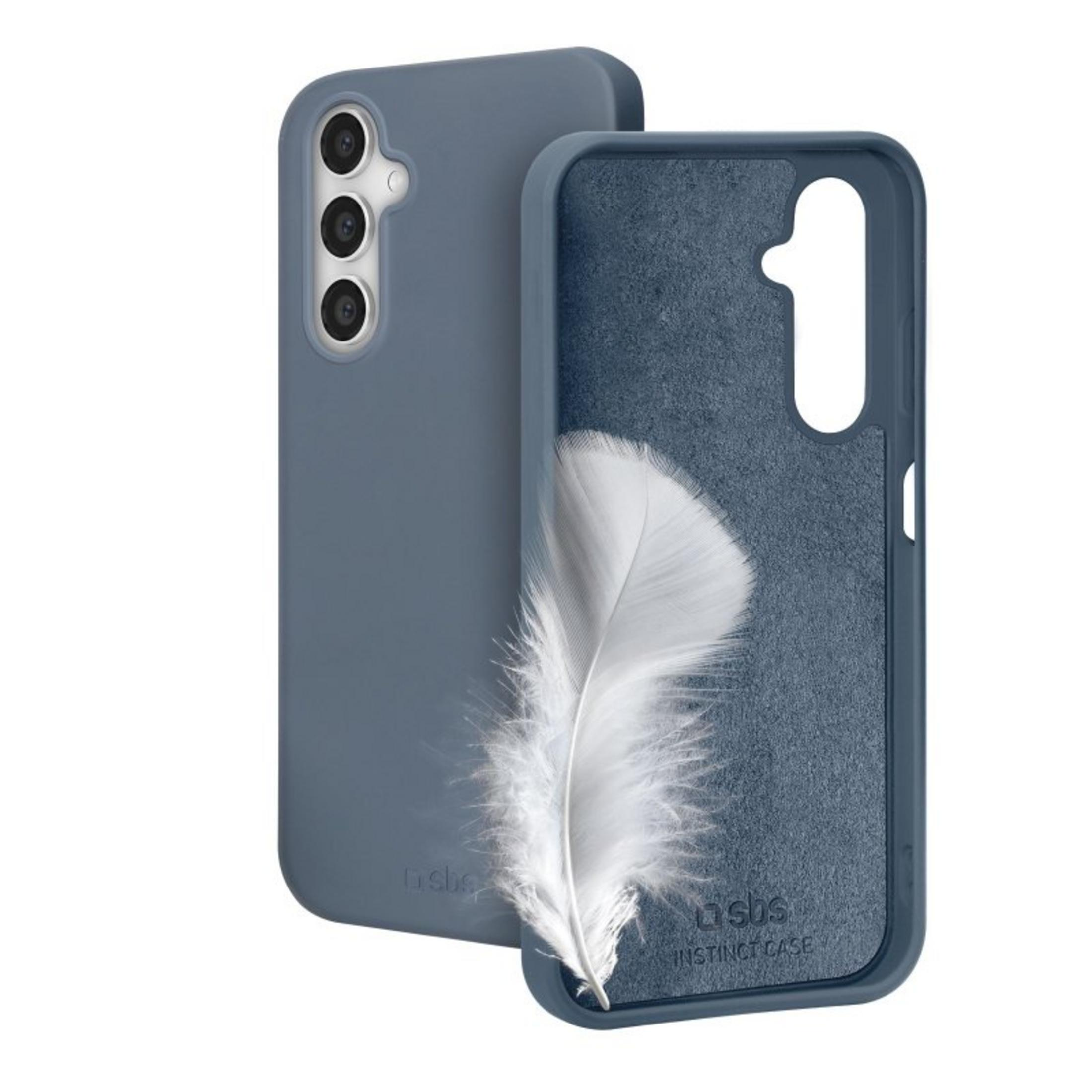 Eine blaue Smartphone-Hülle von vorne und hinten, mit einer weißen Feder im Inneren.
