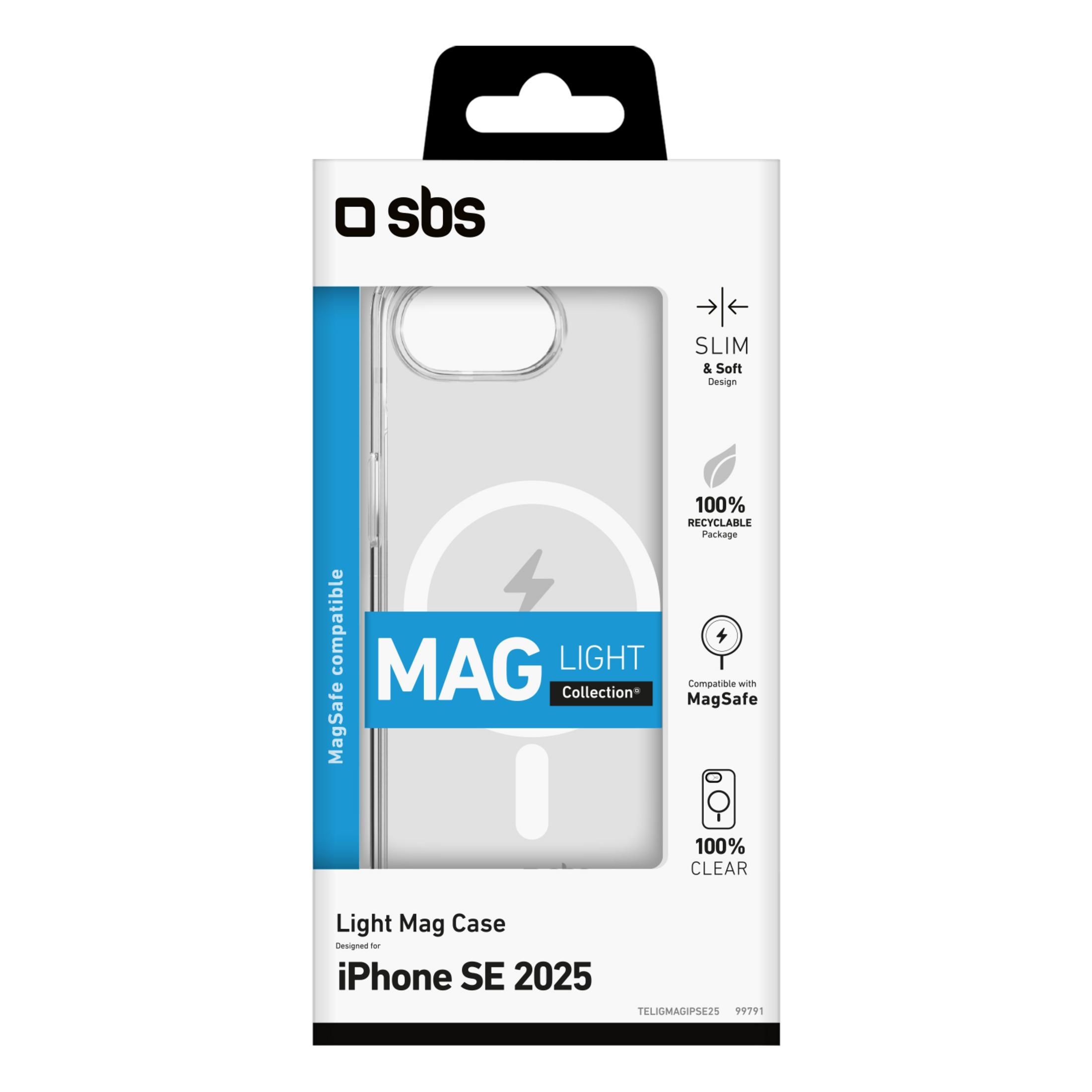 Verpackung der SBS Mag Light Handyhülle für das iPhone SE 2025 mit durchsichtigem Design und MagSafe-Kompatibilität.
