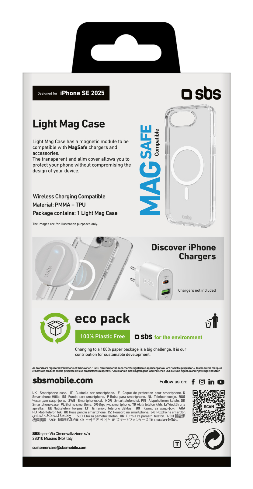 Verpackung der transparenten SBS Light Mag Handyhülle für iPhone SE 2025 mit MagSafe-Kompatibilität.