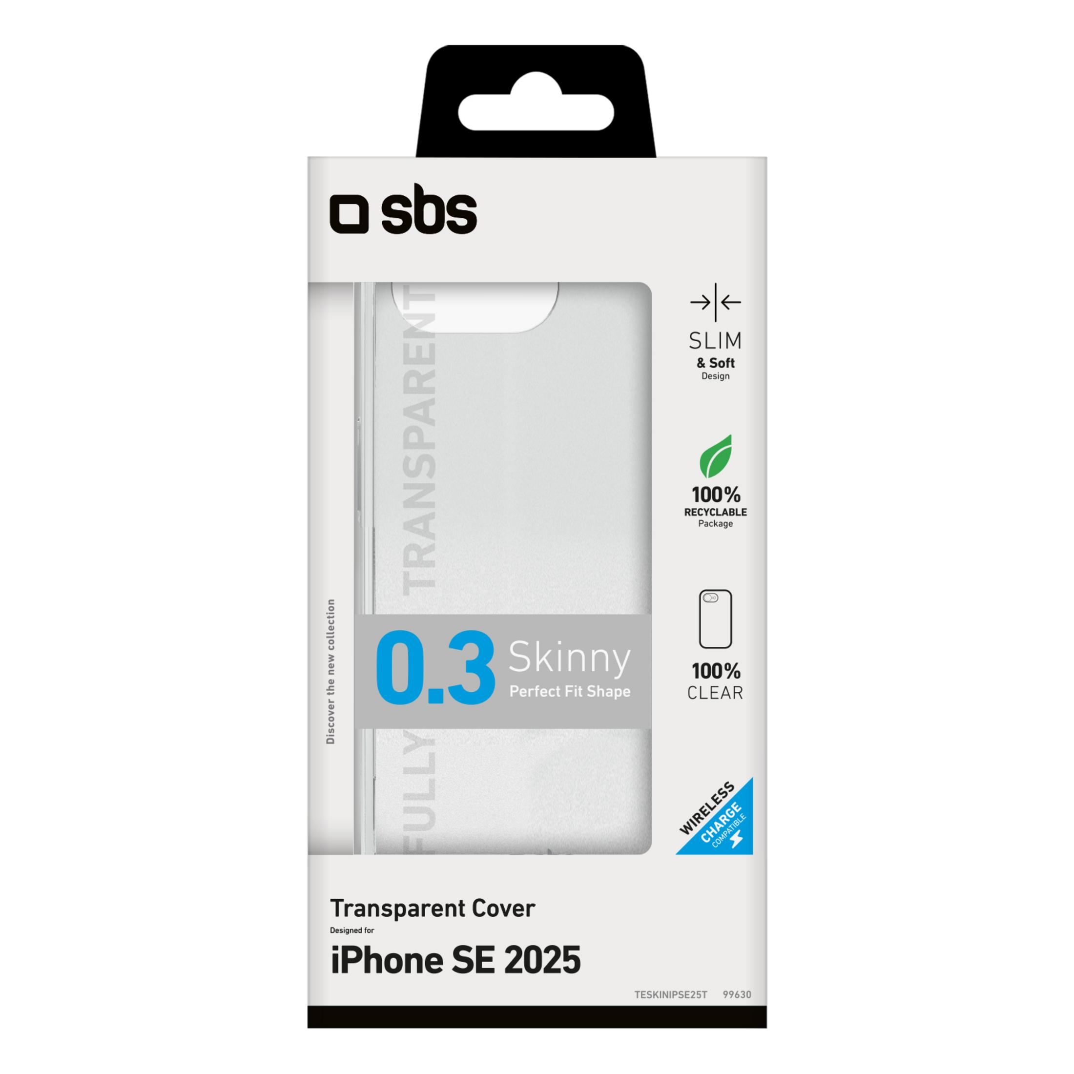 Verpackung für eine transparente iPhone SE 2025 Hülle mit SBS-Logo und Produktdetails.