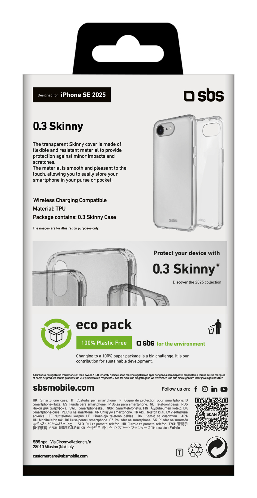 Verpackung für eine transparente 0.3 Skinny Handyhülle mit Eco-Pack-Logo.