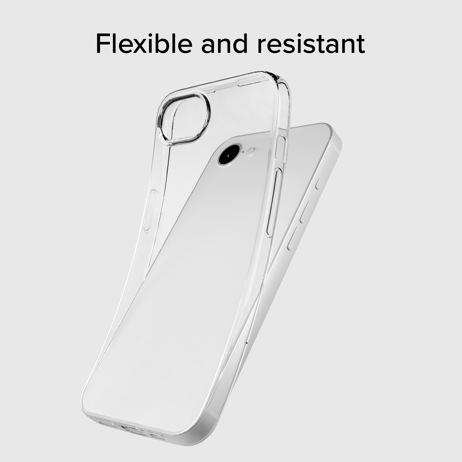 Eine flexible und widerstandsfähige transparente Handyhülle über einem Smartphone auf hellem Hintergrund.