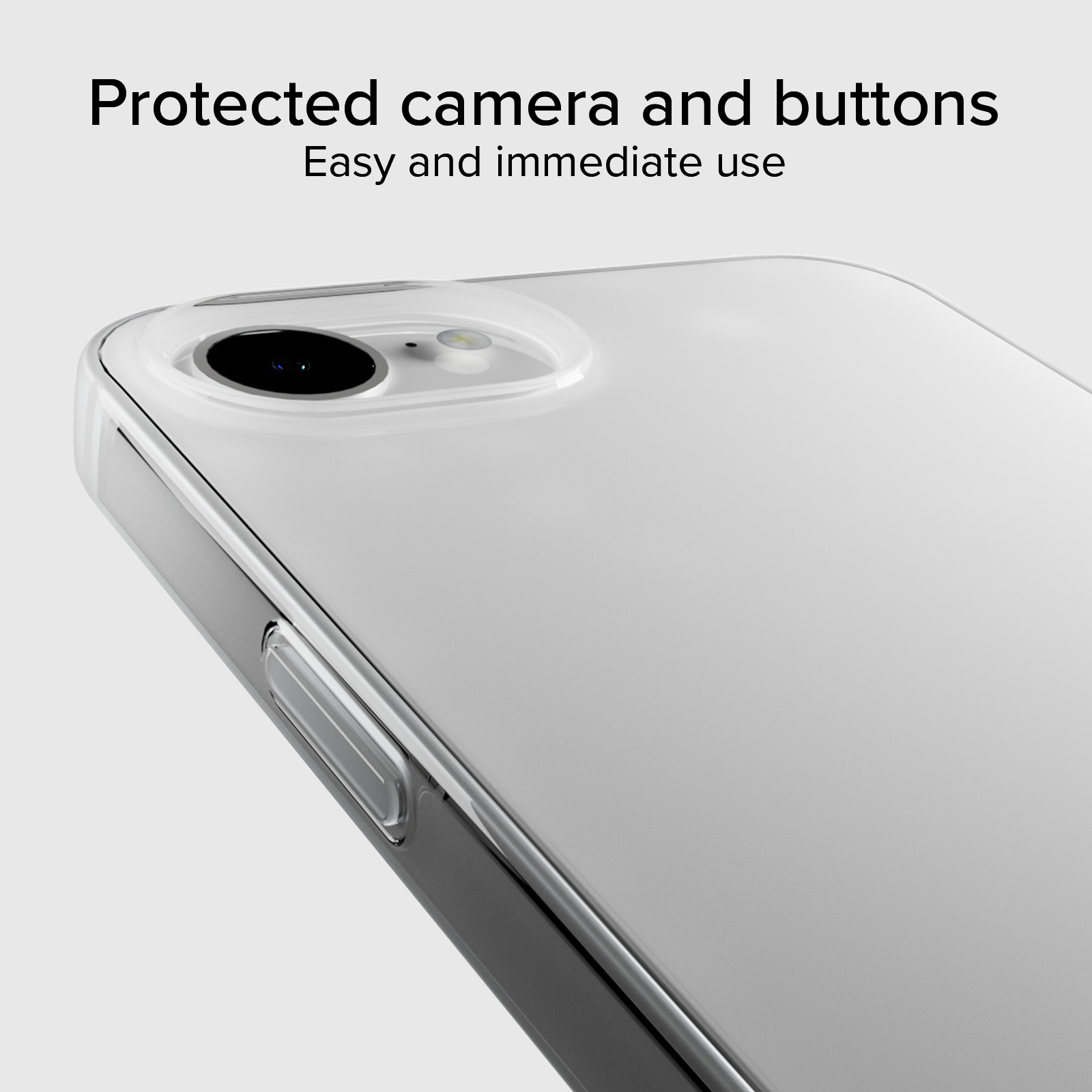 Nahaufnahme eines Smartphones in klarer Hülle, mit Fokus auf geschützte Kamera und Tasten.
