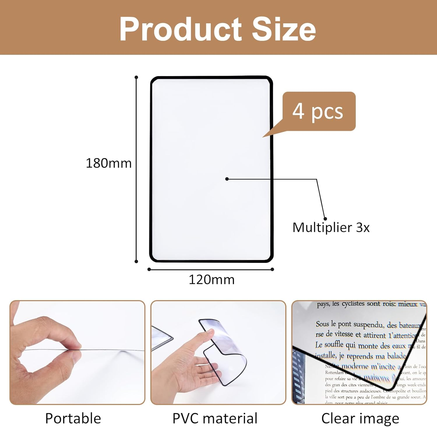 Produktgröße 180x120mm, Set mit 4 Stück, tragbares PVC-Material mit klarem Vergrößerungsbild.