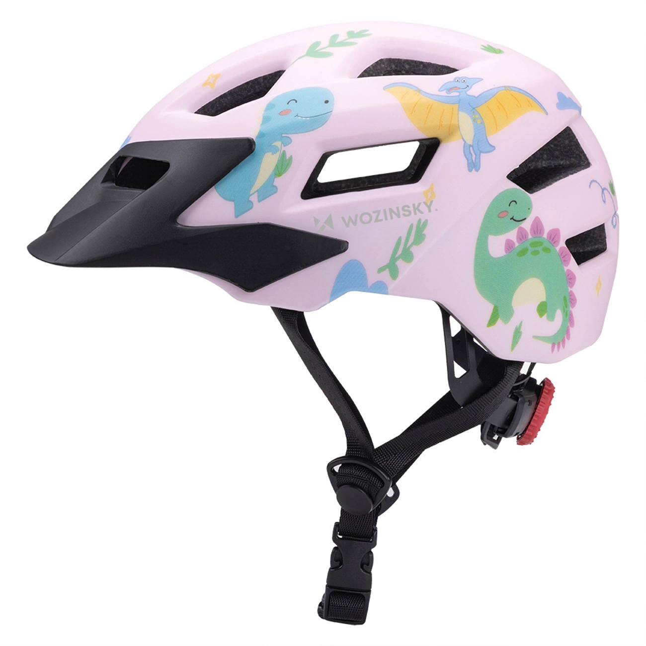 Casco da bici rosa per bambini con disegni di dinosauri e visiera nera.