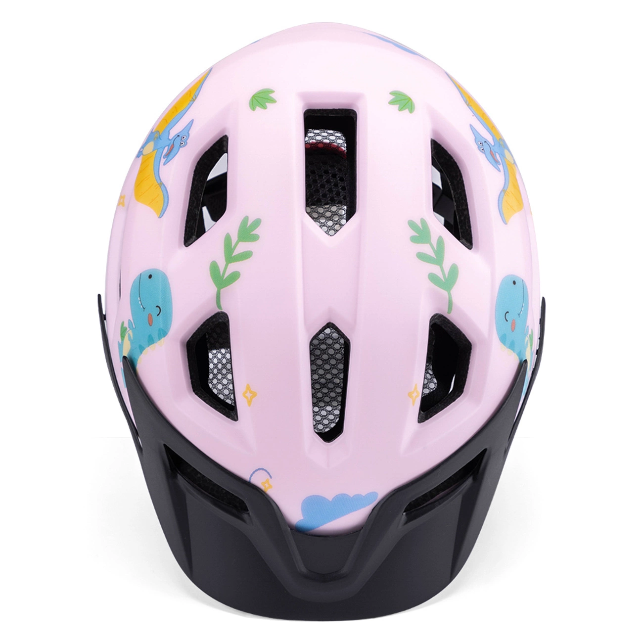 Casco rosa per bambini con simpatici dinosauri, foglie e mentoniera nera.