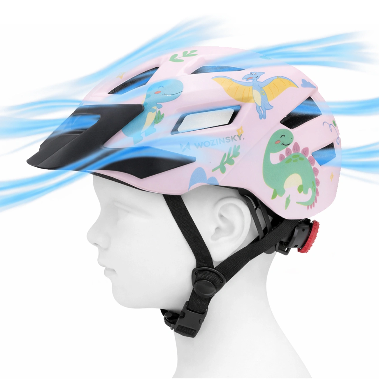 Un casco rosa per bambini con motivi di dinosauri, circondato da flussi d'aria blu, su un manichino bianco.