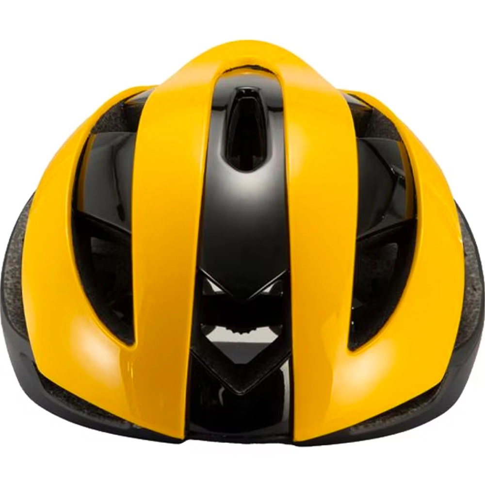 Vista frontale di un casco da bicicletta giallo e nero con aperture aerodinamiche su sfondo bianco.