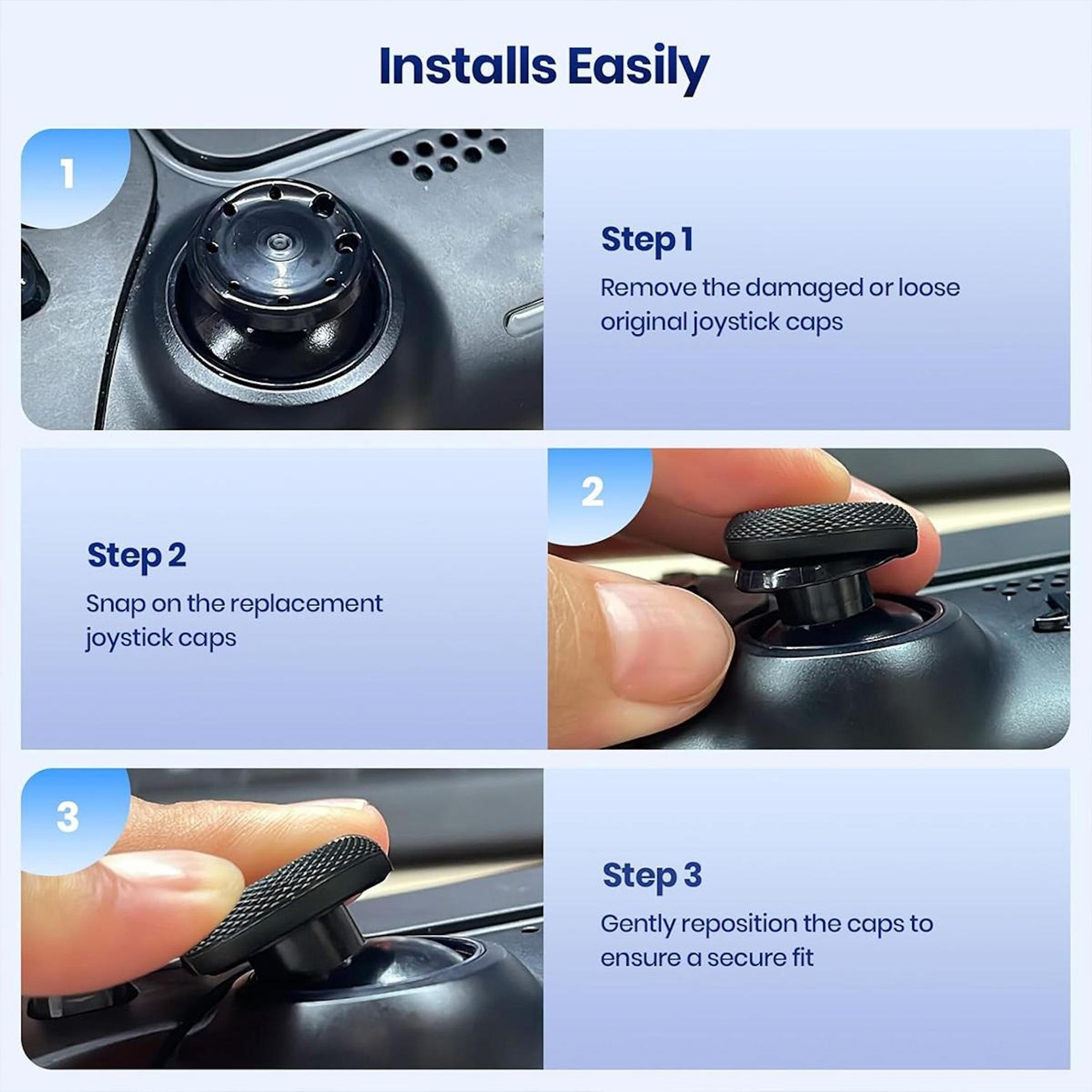 Eine dreiteilige Anleitung zeigt das Ersetzen von Joystick-Kappen an einem Gamepad.