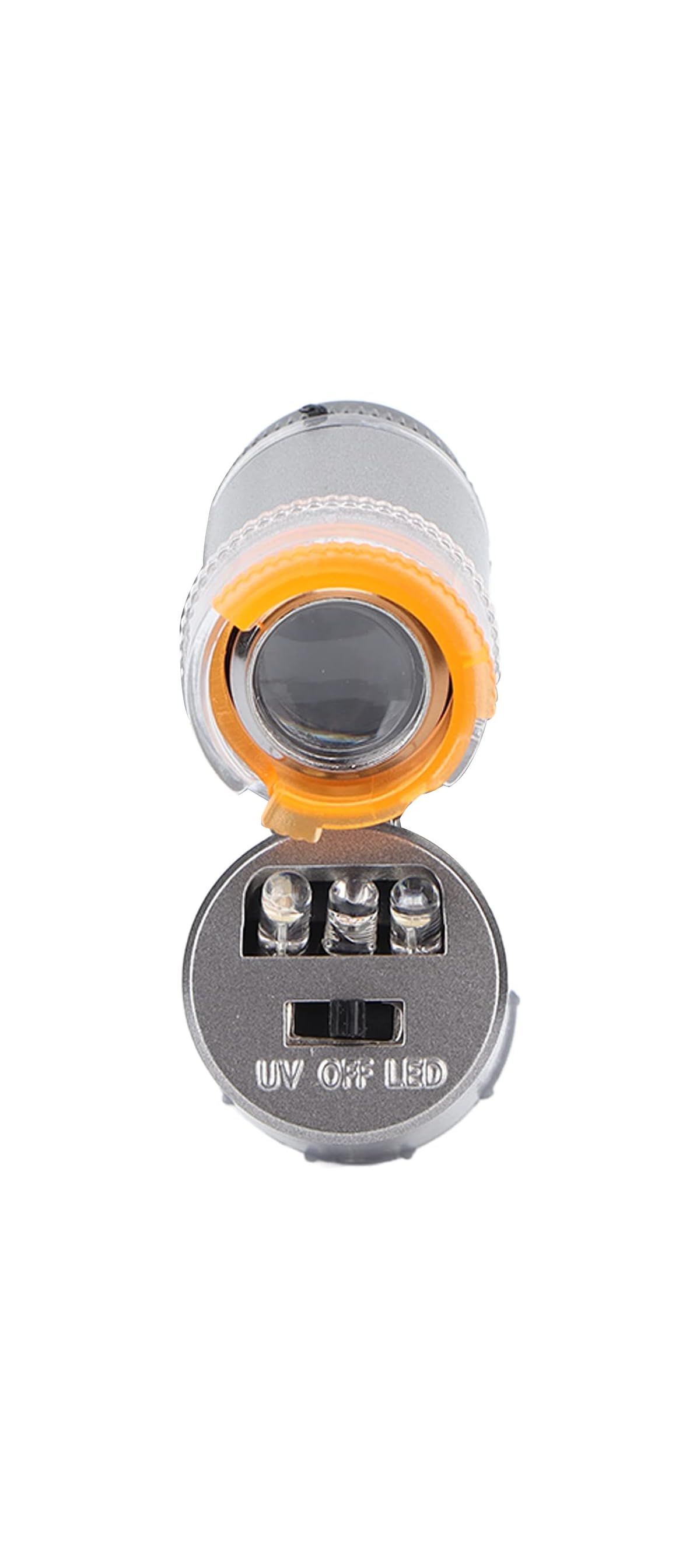 Tragbare Lupen- und Lichtkombination mit UV-, Aus- und LED-Modusschaltern auf einem silbernen Gehäuse.