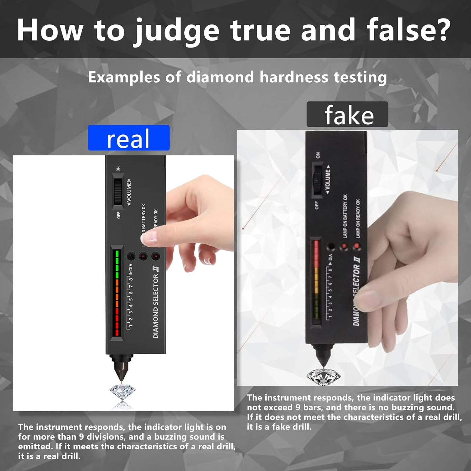 Ein Handtester misst einen echten und einen gefälschten Diamanten mit Lichtern und Text.