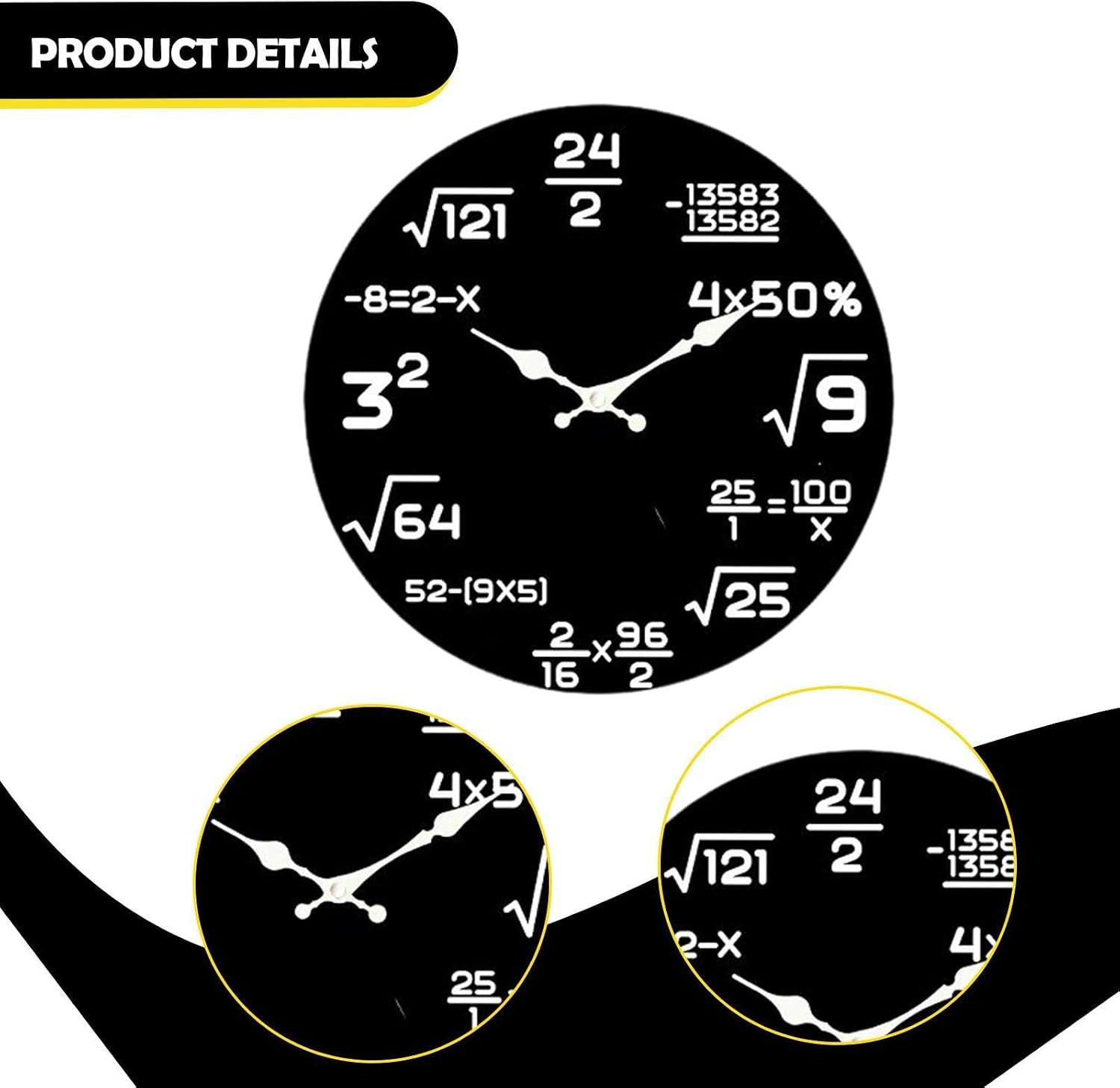 Schwarze Wanduhr mit mathematischen Formeln anstelle von Zahlen und weißen Zeigern.