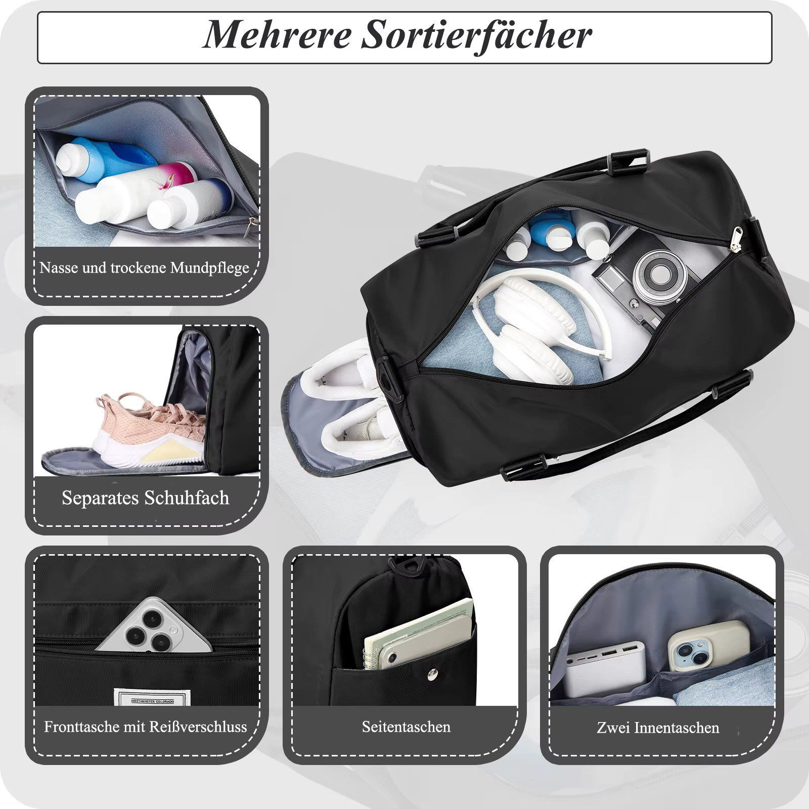 Eine schwarze Sporttasche mit mehreren Fächern, Schuhtasche und Taschen für Zubehör.
