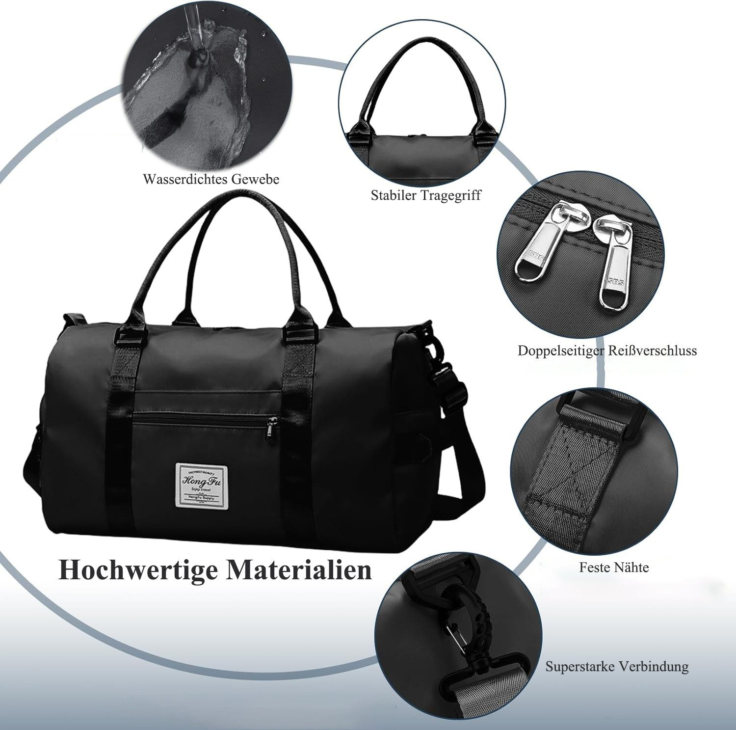 Eine schwarze Reisetasche mit wasserdichtem Gewebe, stabilen Griffen, Doppelreißverschluss, festen Nähten und starker Verbindung.