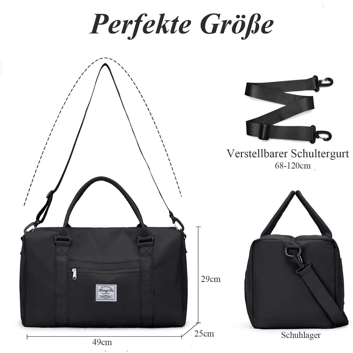 Schwarze Reisetasche mit Maßen, verstellbarem Gurt und Schuhfach.