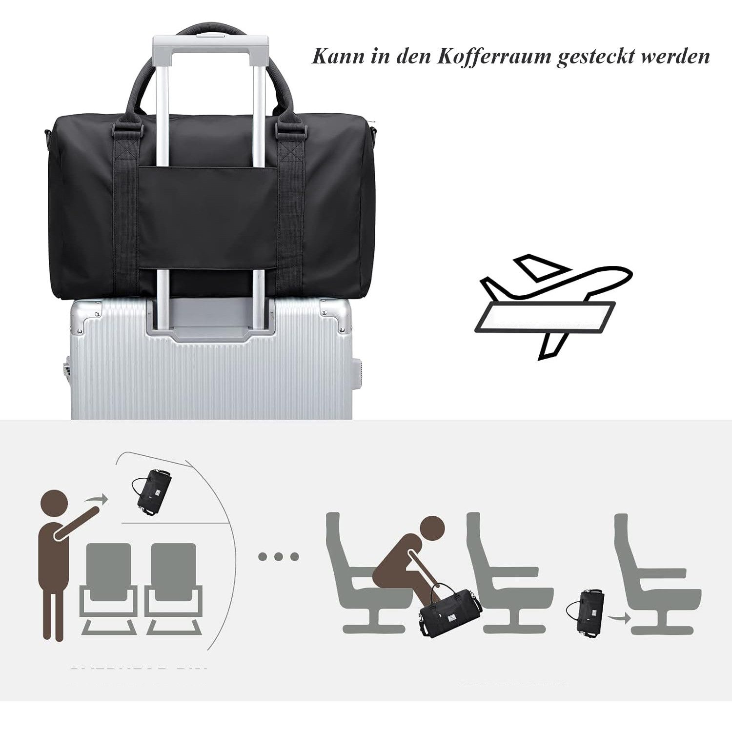 Schwarze Reisetasche auf einem Trolleygriff mit Grafiken zum Verstauen über dem Sitz.