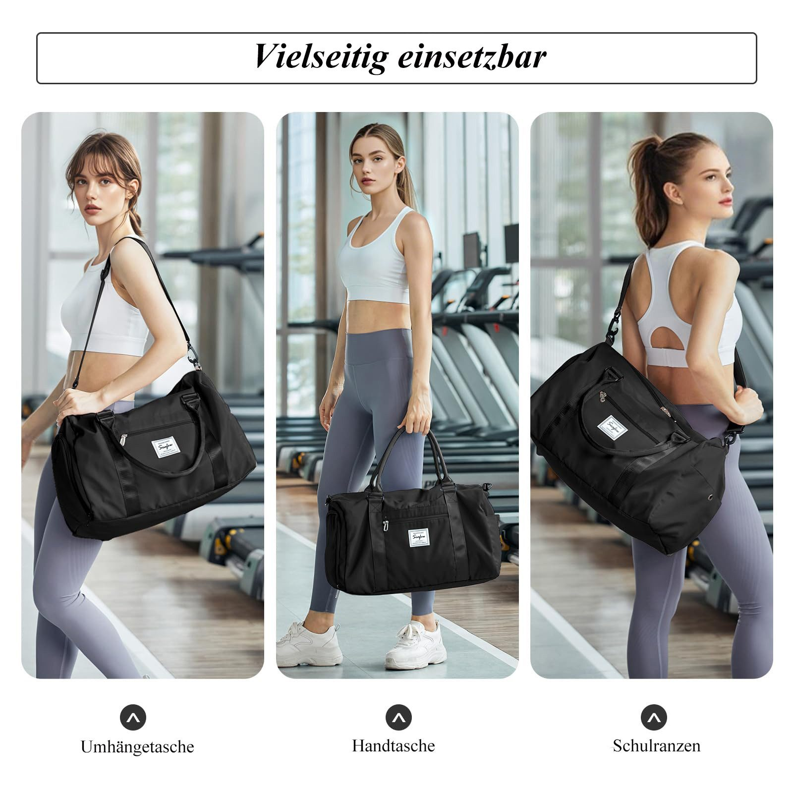 Frau zeigt verschiedene Tragemöglichkeiten einer schwarzen Sporttasche in einem Fitnessstudio.