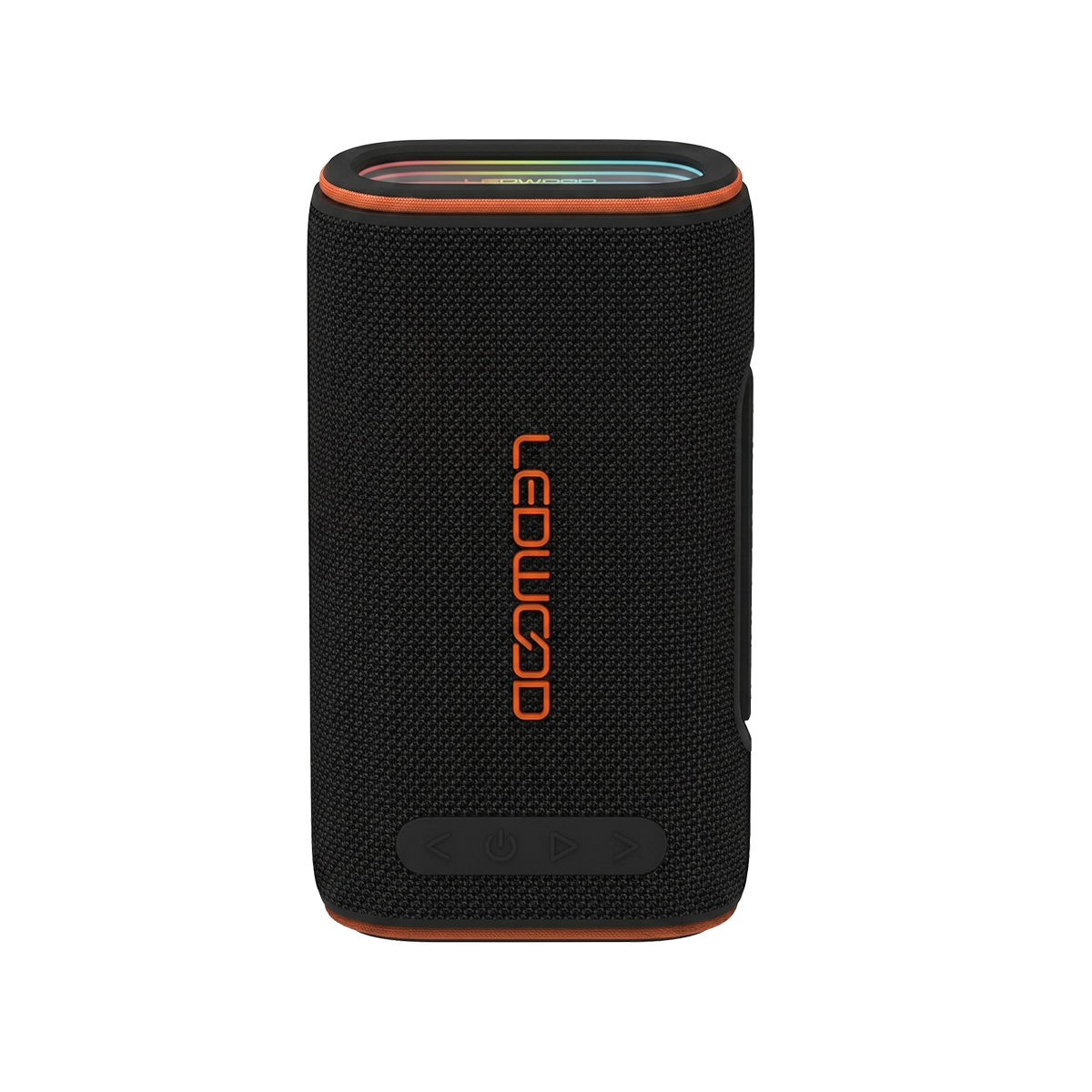 A black portable bluetooth speaker with orange accents and vertical Ledwood branding text on the front.