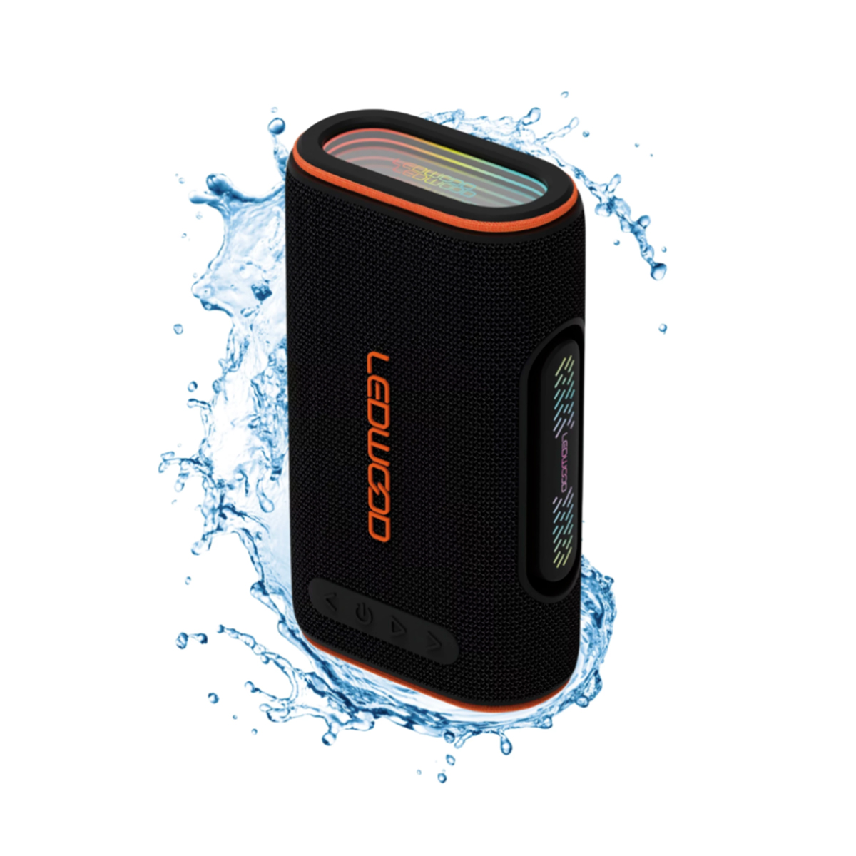 A black Ledwood Bluetooth speaker stands centered, surrounded by splashing water against a white background.