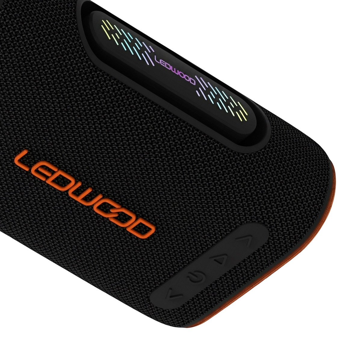 Black LEDWOOD Bluetooth speaker featuring orange logo, control buttons, and a colorful light strip.