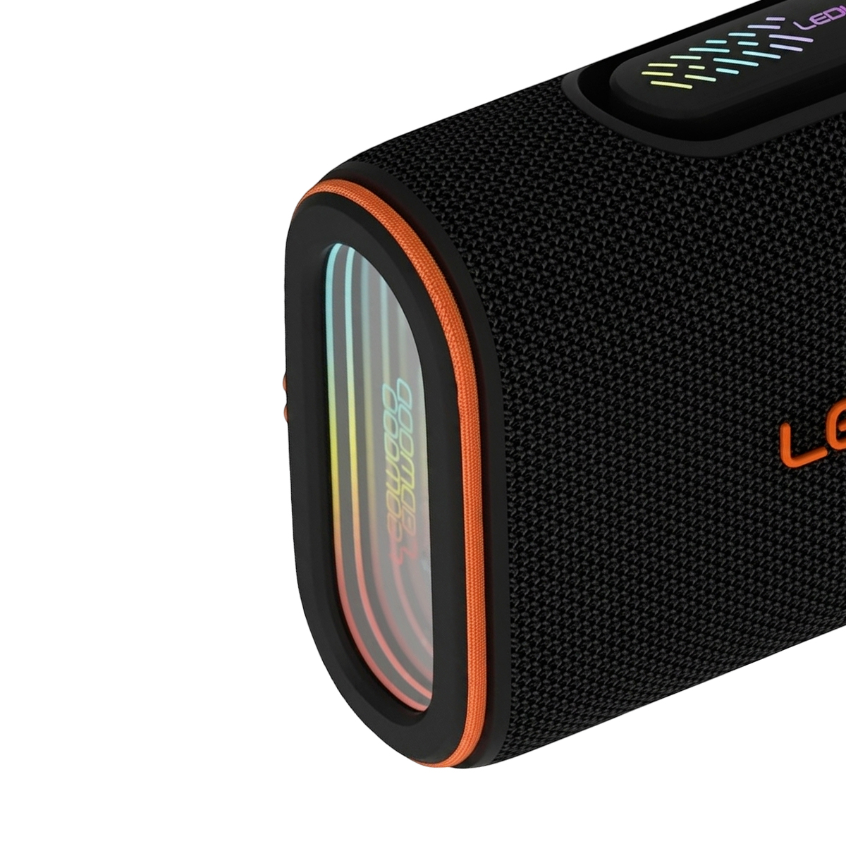 Black bluetooth speaker with orange trim and rainbow LED side lighting.