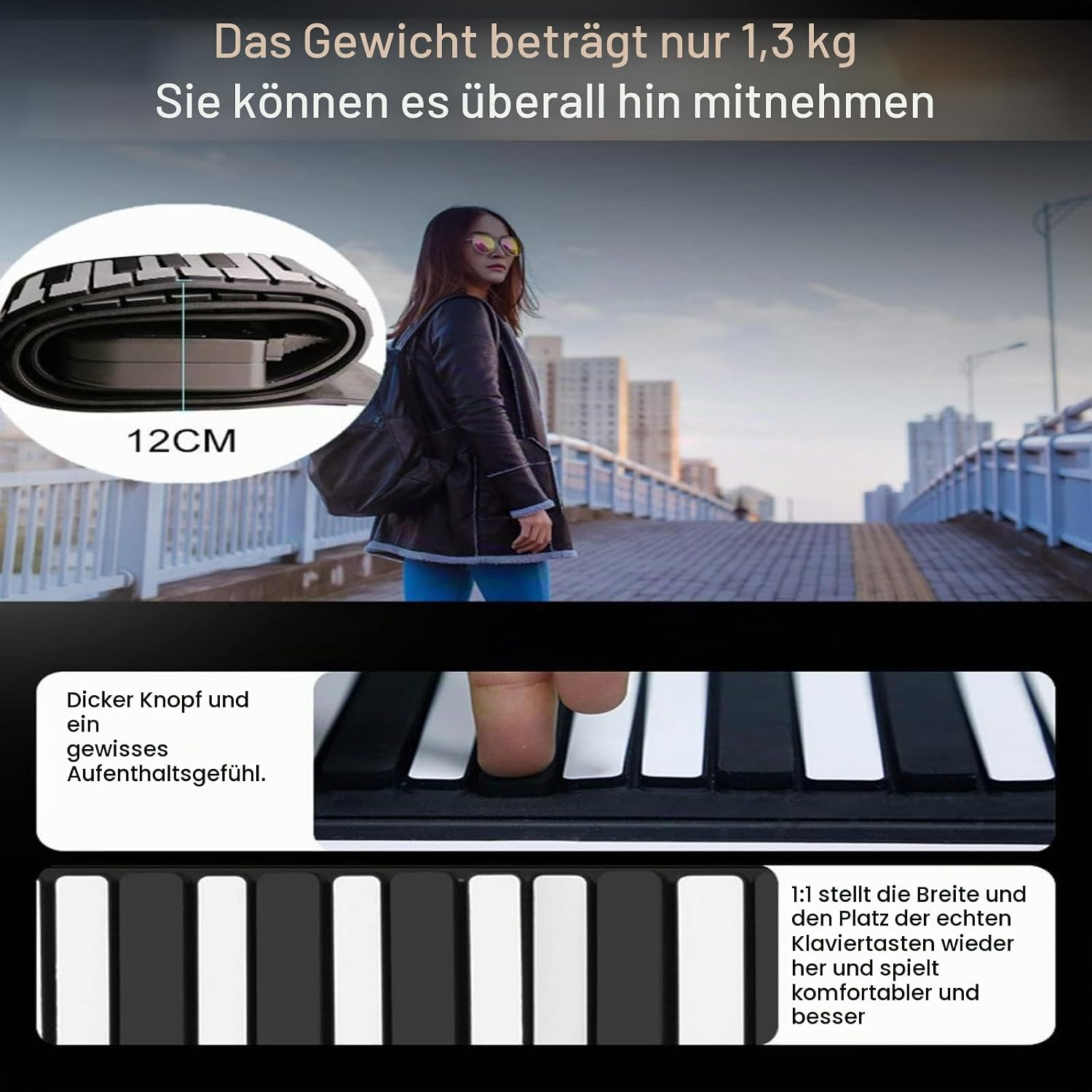 Eine Frau auf einer Brücke; darüber ein faltbares Klavier mit Maßangabe sowie Details zu den Tasten.