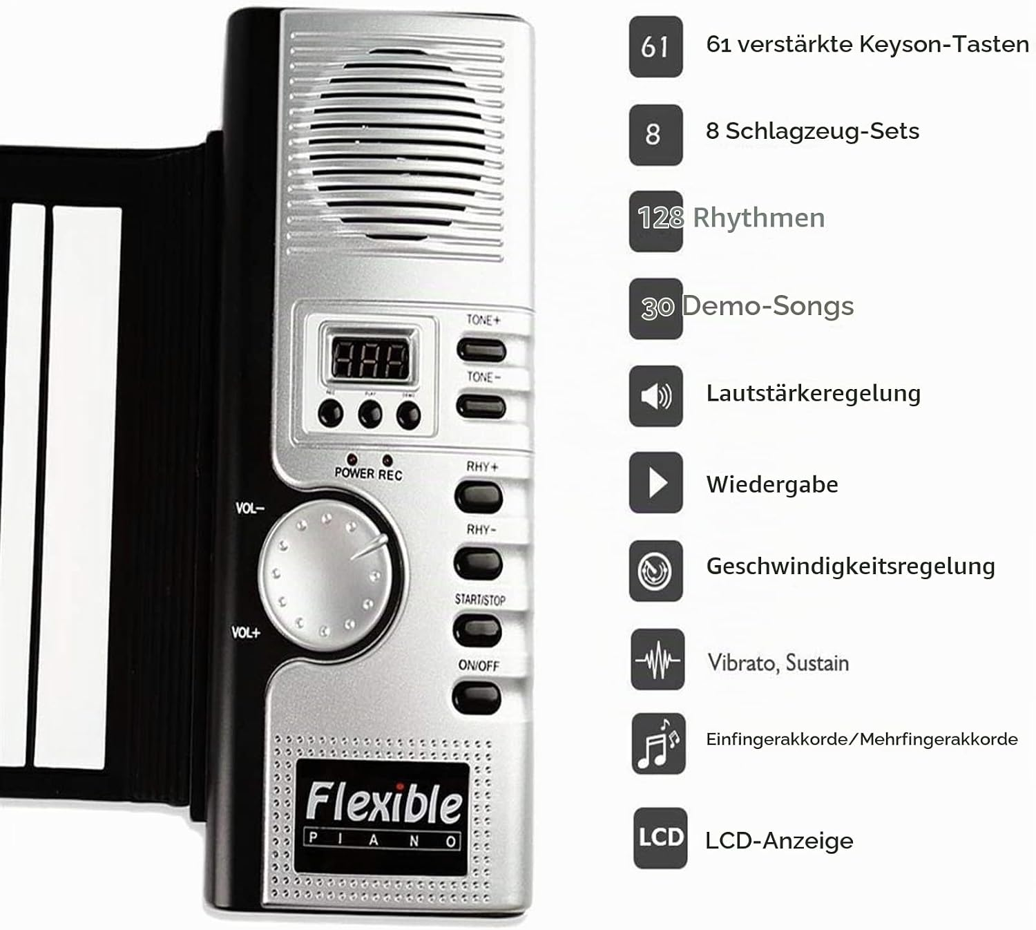 Bedienfeld eines flexiblen Pianos mit Lautsprecher, LCD-Display, Tasten und deutscher Funktionsliste.