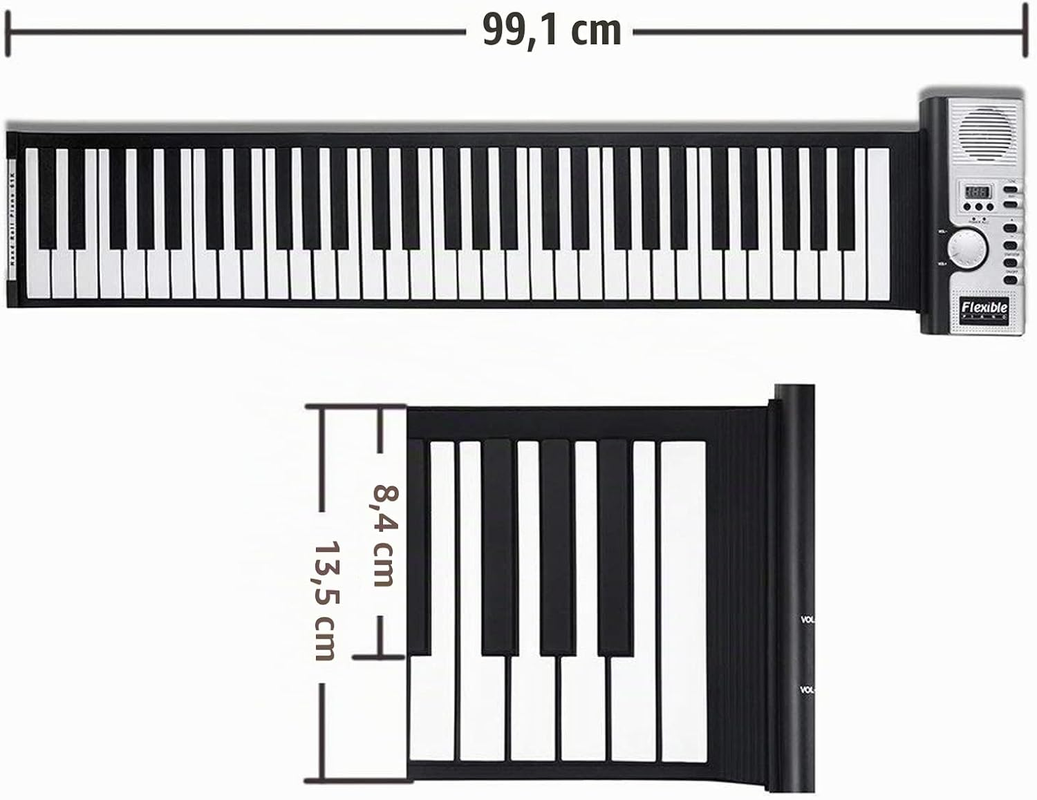 Ein langes, flexibles E-Piano mit 99,1 cm Länge und Maßen von 13,5 cm Breite, ausgelegt auf weißem Hintergrund.