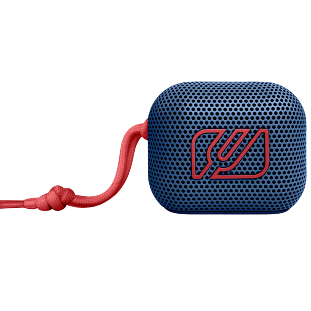 A blue portable speaker with a red logo and a tied red cord attached, set against a white background.