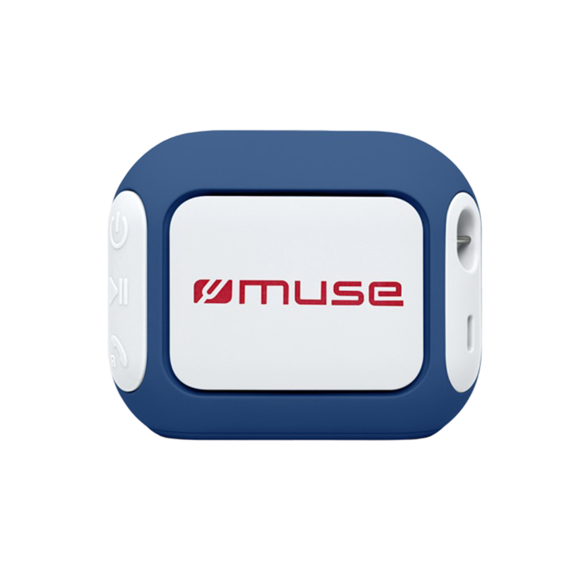 A blue Muse audio player with a white front panel and side control buttons against a plain white background.