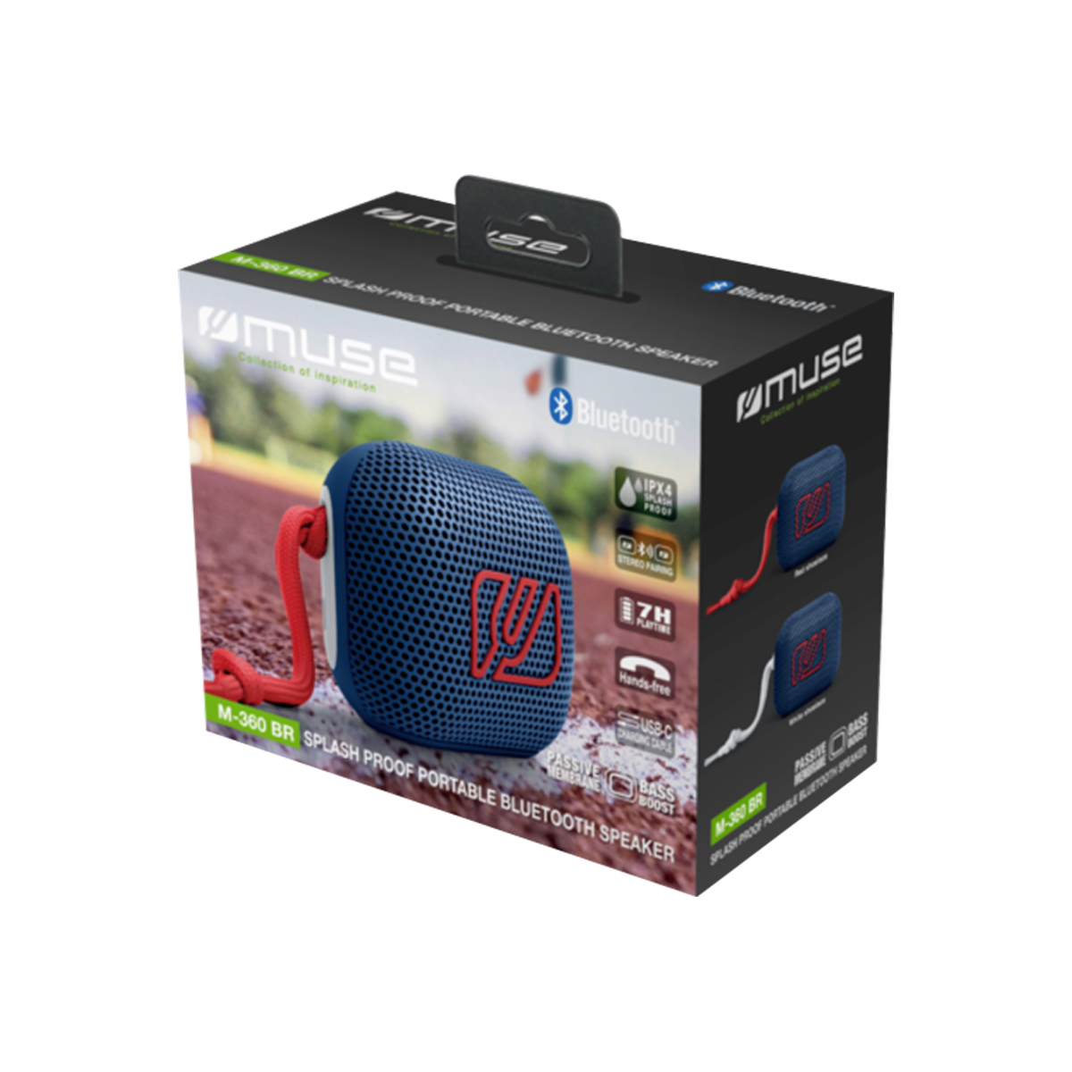 Packaging for a blue Muse M-360 BR portable Bluetooth speaker with a red cord.