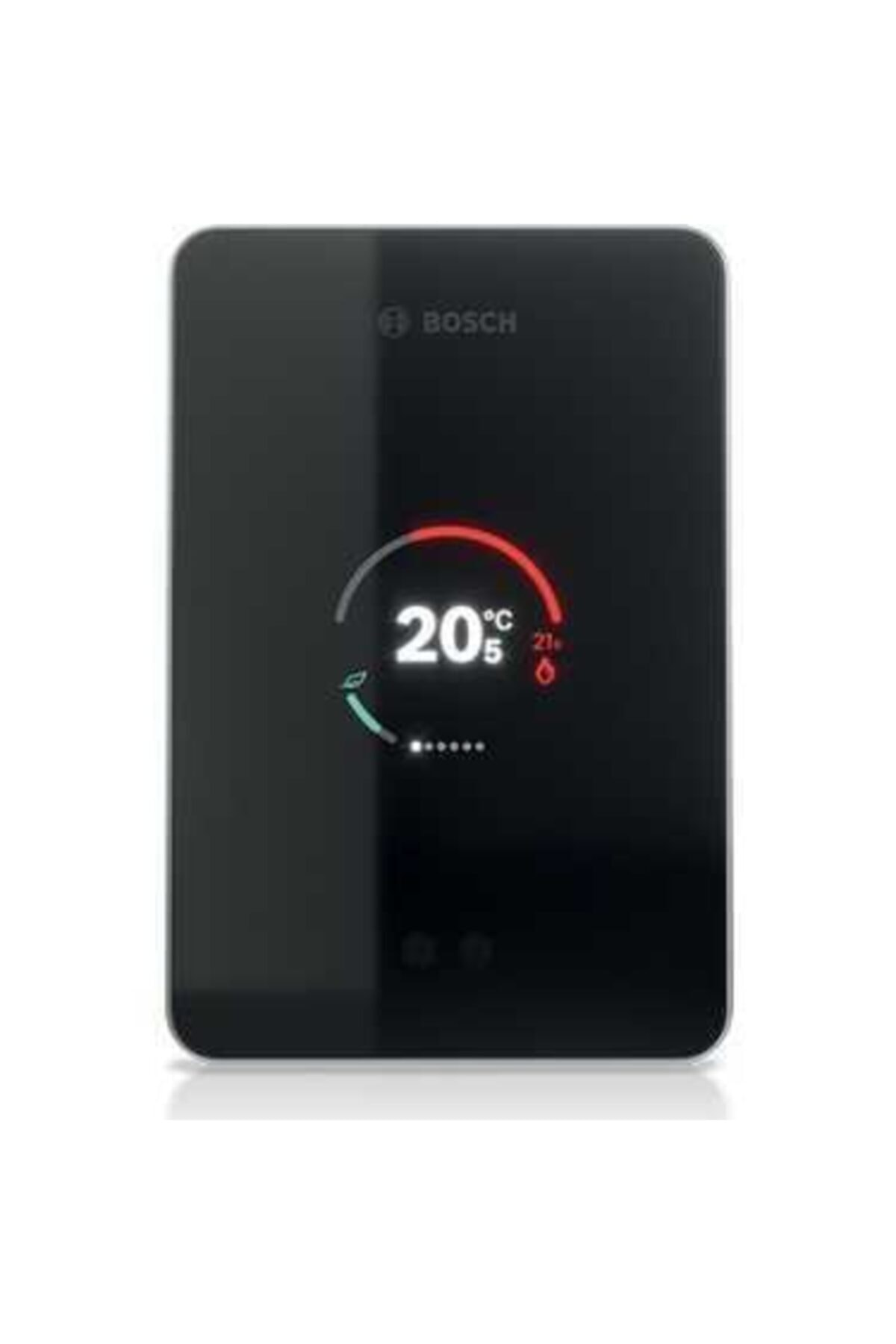 20.5 derece Celsius gösteren dijital ekranlı siyah Bosch termostat.
