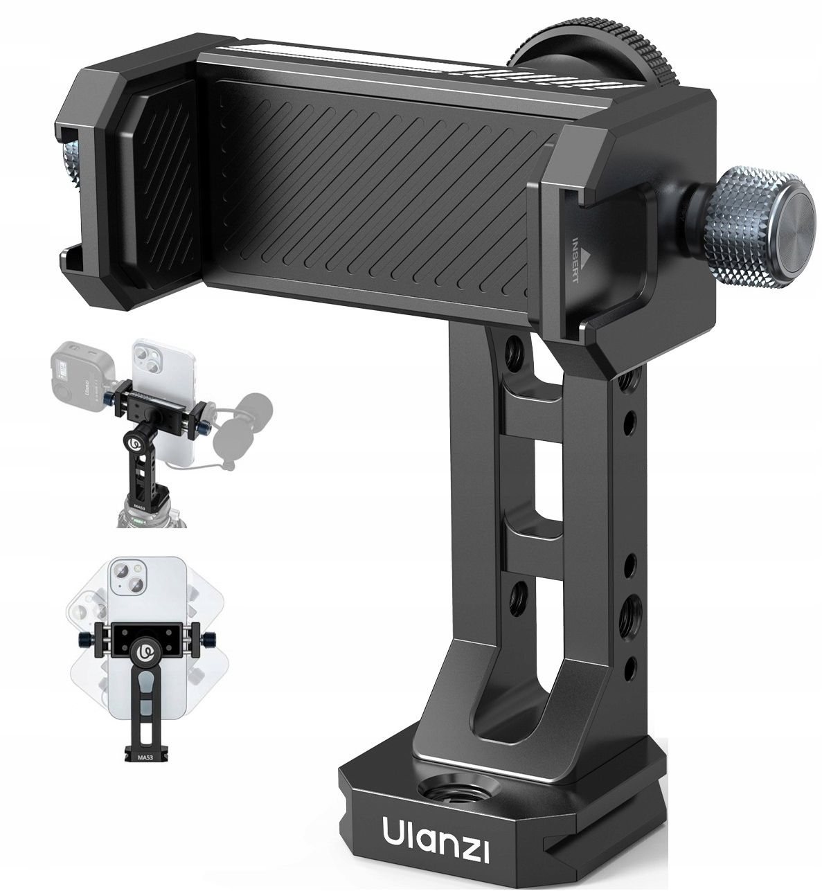 Tripod bağlantılı, ayar düğmeli ve kullanım örnekli siyah Ulanzi akıllı telefon tutucusu.