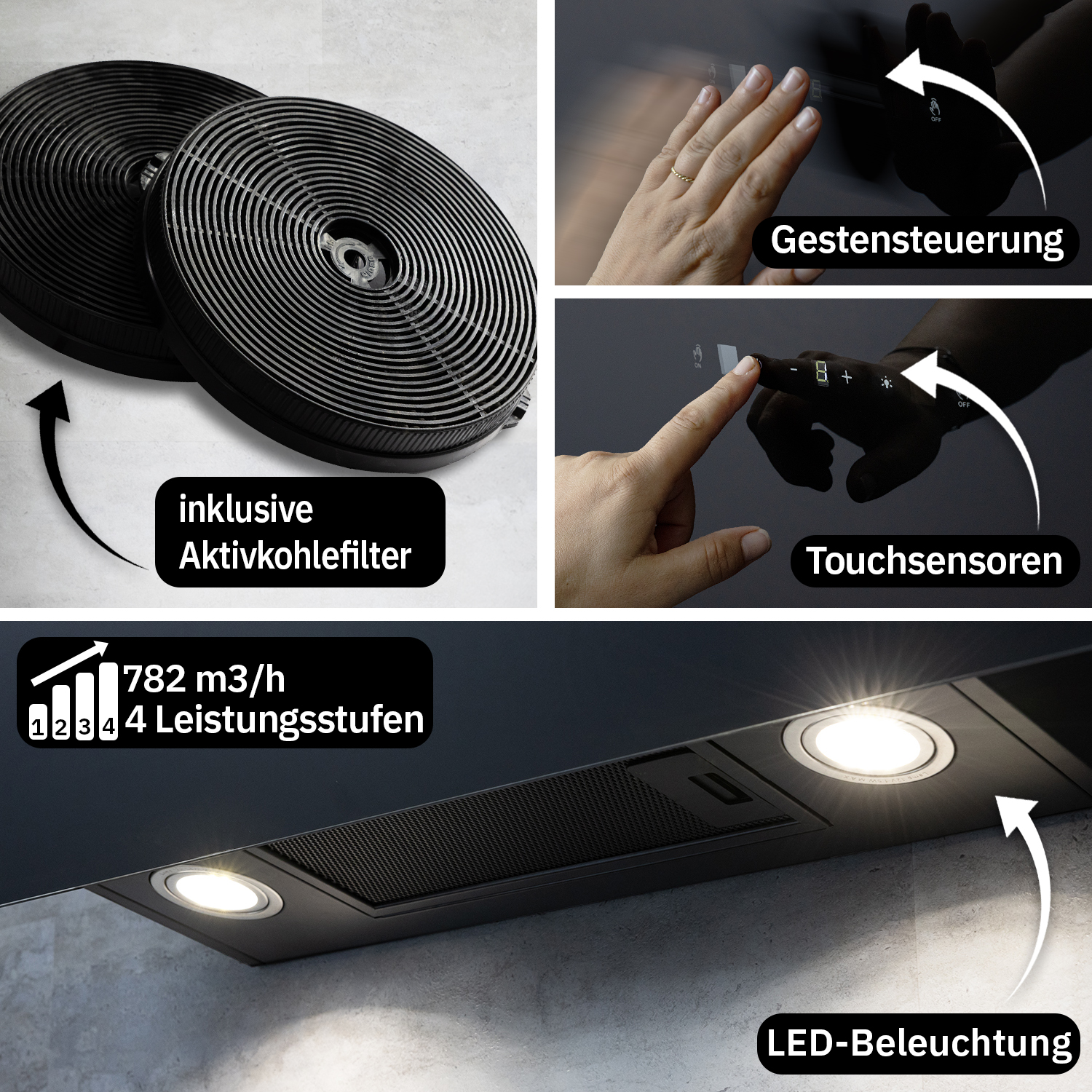 Caratteristiche di una cappa: filtro a carboni attivi, controllo gestuale, sensori touch, 782 m3/h e illuminazione a LED.
