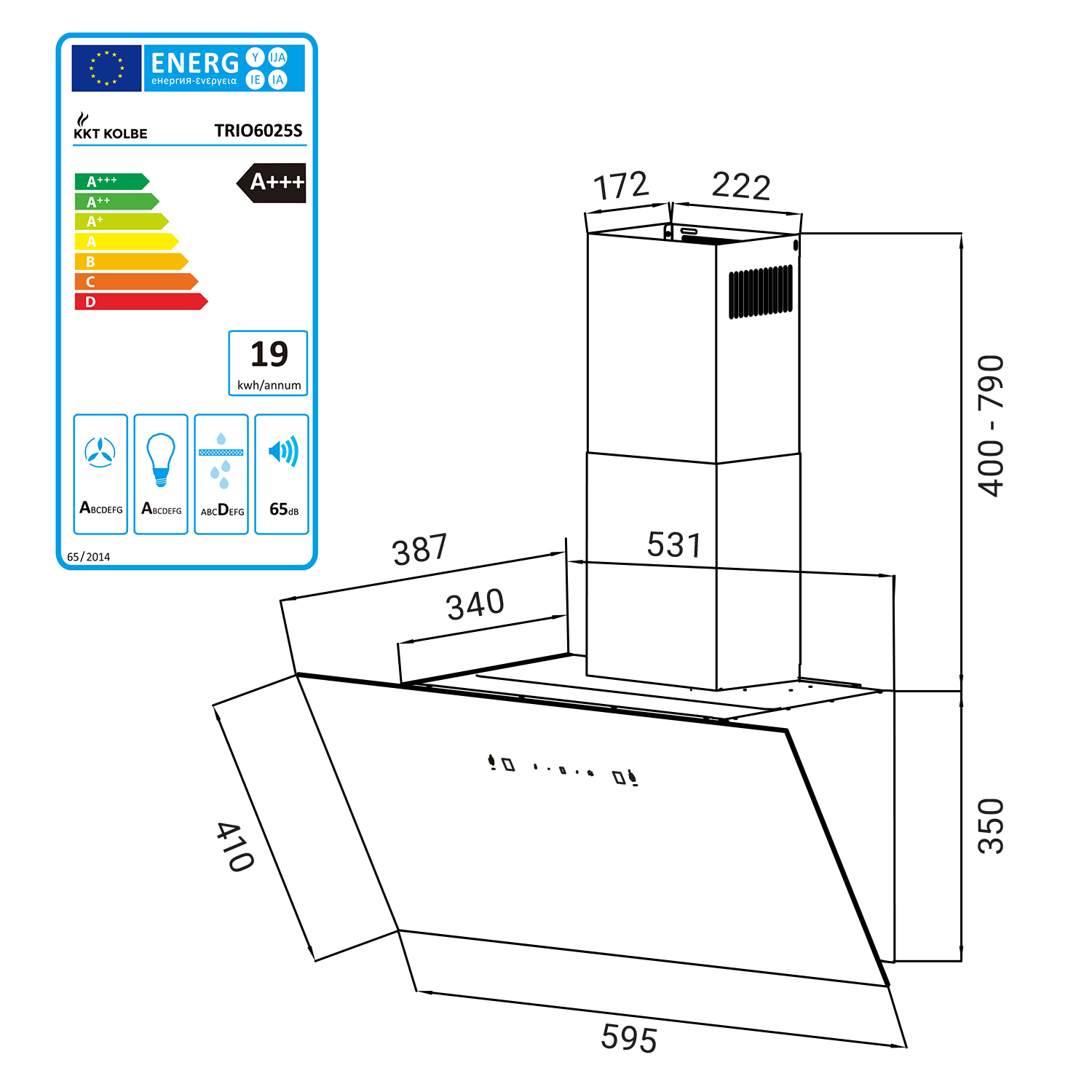 Schema di una cappa da cucina con dimensioni ed etichetta energetica.