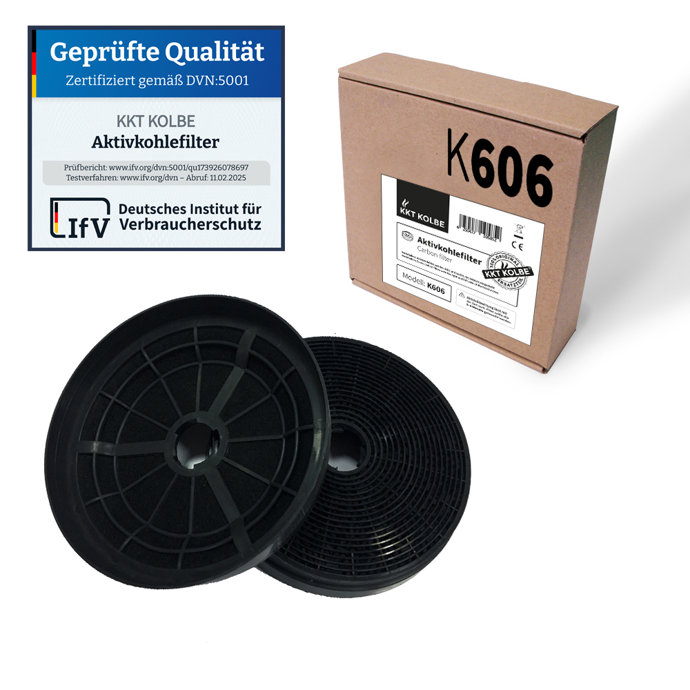 Due filtri a carbone attivo neri rotondi con una scatola di cartone marrone K606 e un sigillo di qualità su sfondo bianco.